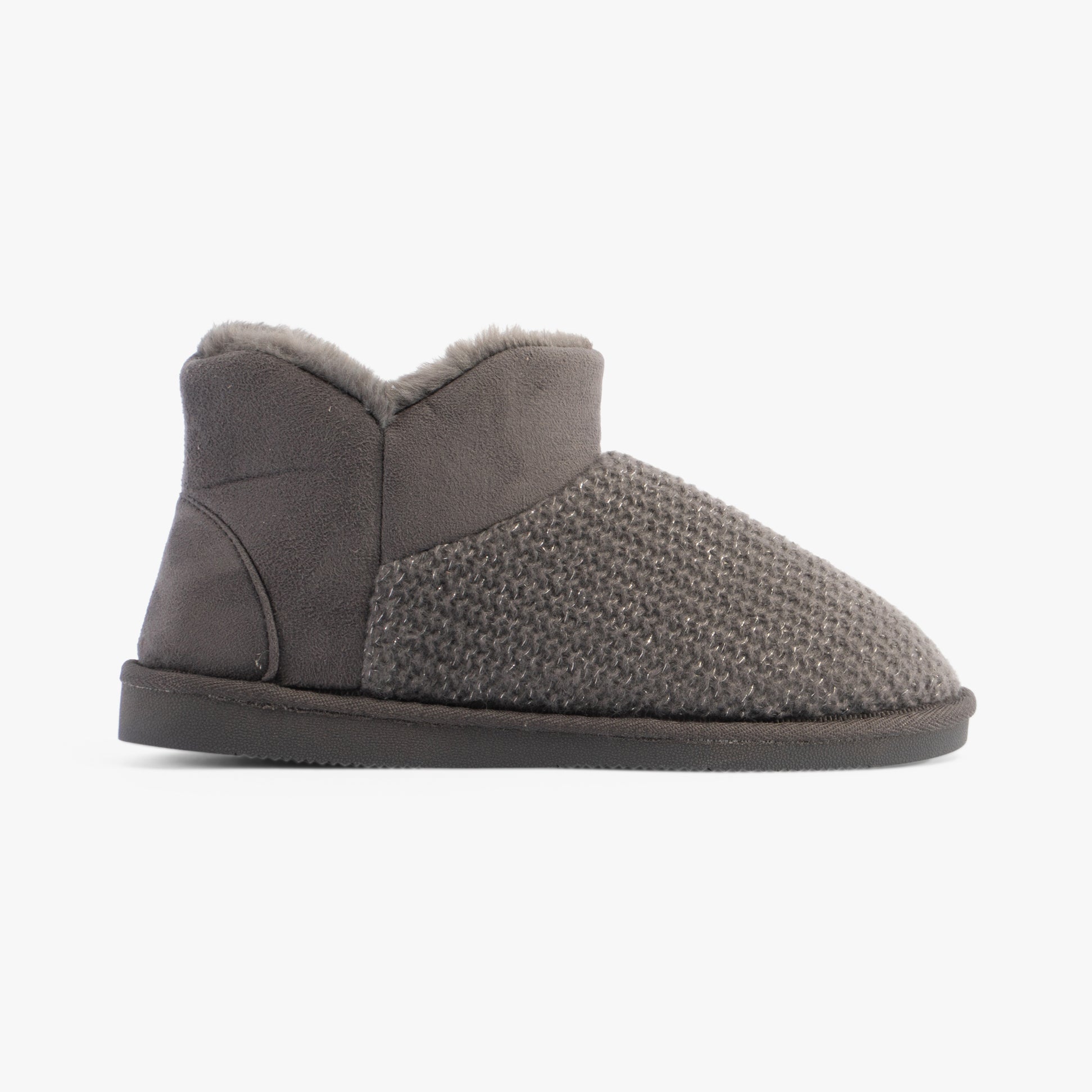 Jo & Joe ROSANNA Womens Slippers Charcoal side view showing comfy faux fur lining and textile upper material.