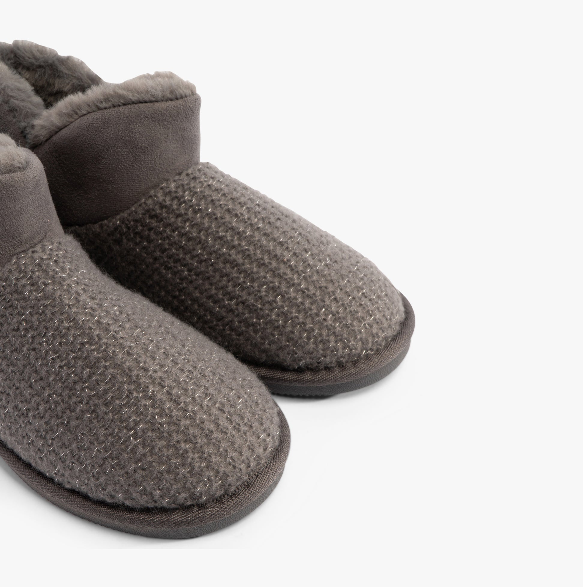 Jo & Joe ROSANNA Womens Slippers Charcoal side view of cozy textile slipper boots with faux fur lining.