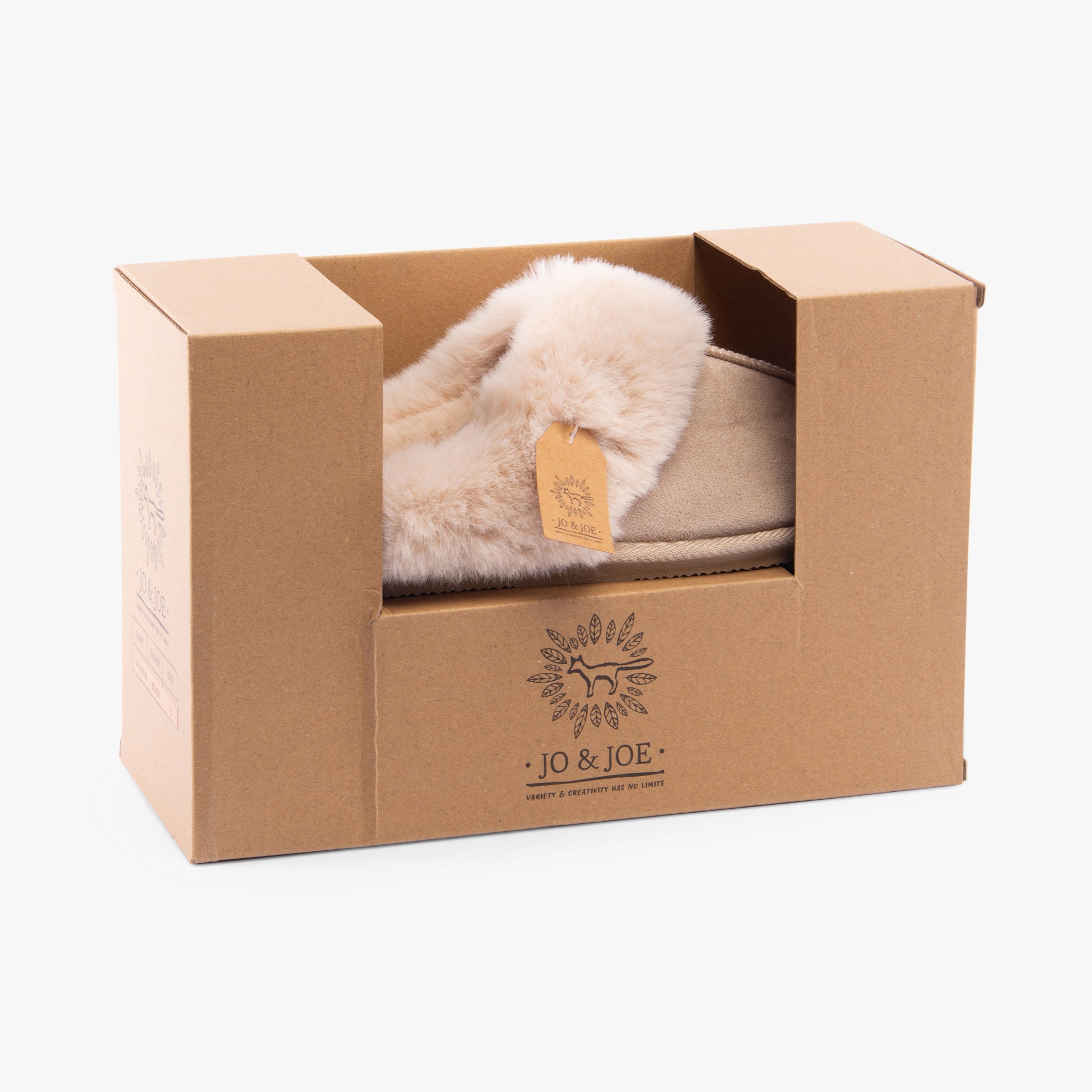 Jo & Joe SAVANNAH Womens Slippers Beige in gift box, showcasing the faux fur lining and textile upper.