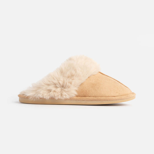 Jo & Joe SCARLETT Womens Faux Fur Mule Slippers Caramel side view showing soft faux fur and microfiber upper.