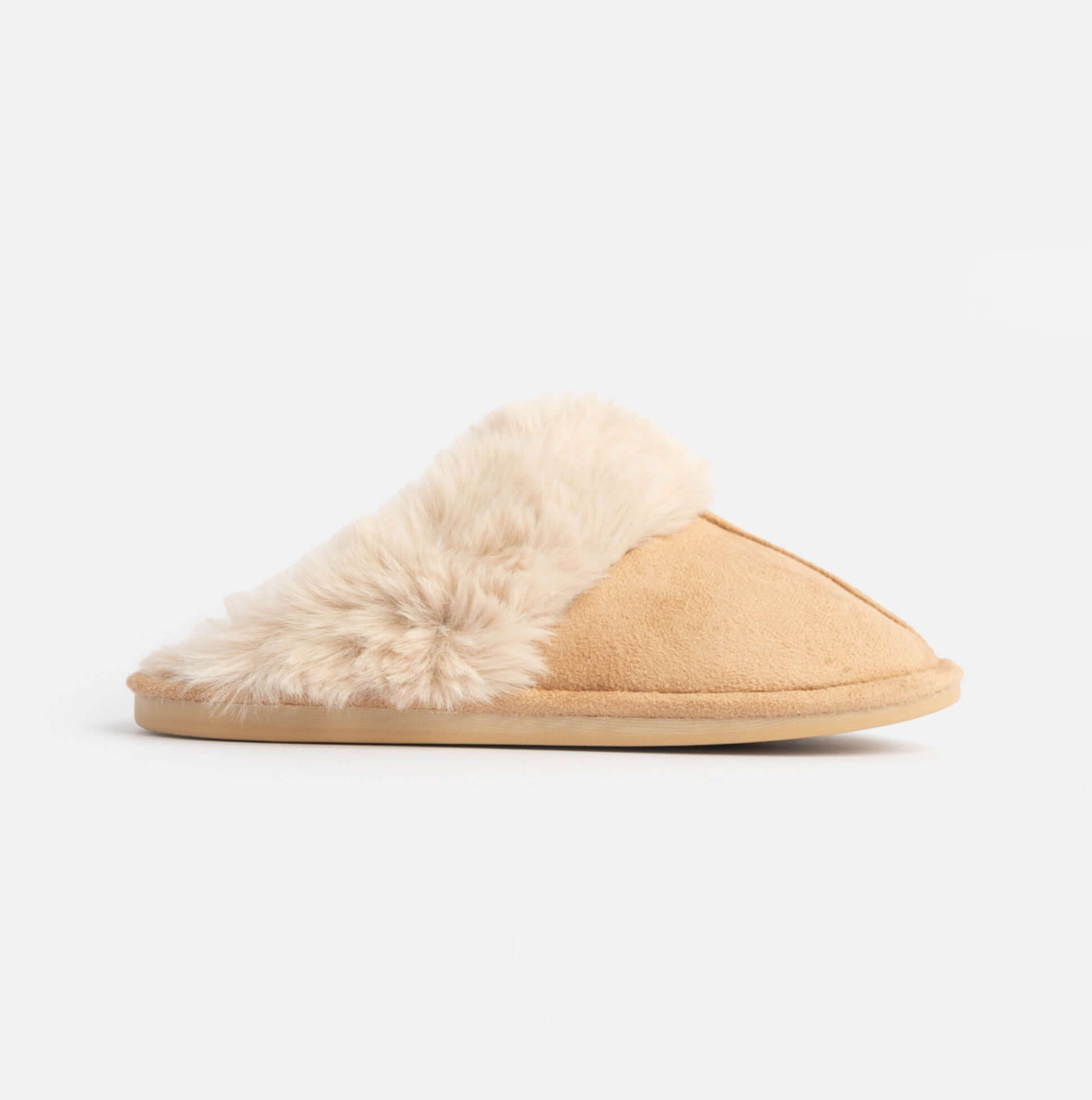 Jo & Joe SCARLETT Womens Faux Fur Mule Slippers Caramel side view showing soft faux fur and microfiber upper.