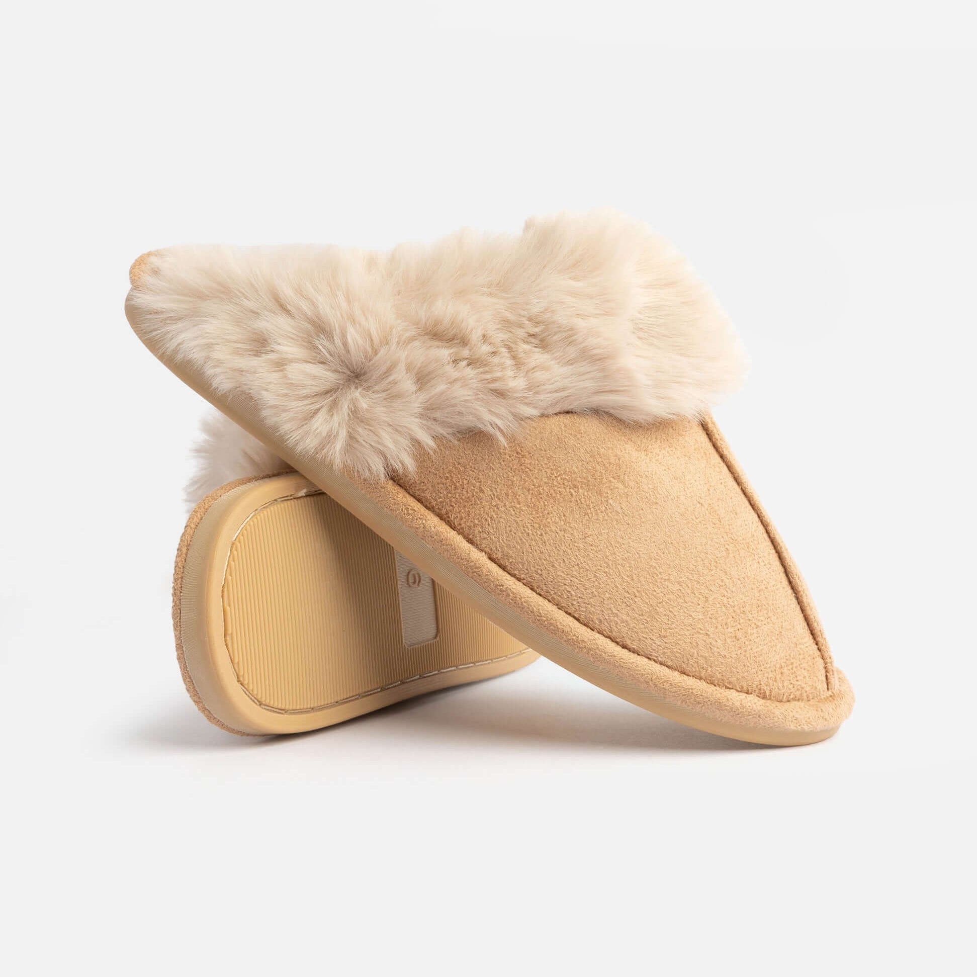 Jo & Joe SCARLETT Womens Faux Fur Mule Slippers Caramel side view showing soft faux fur lining and slip-on design.