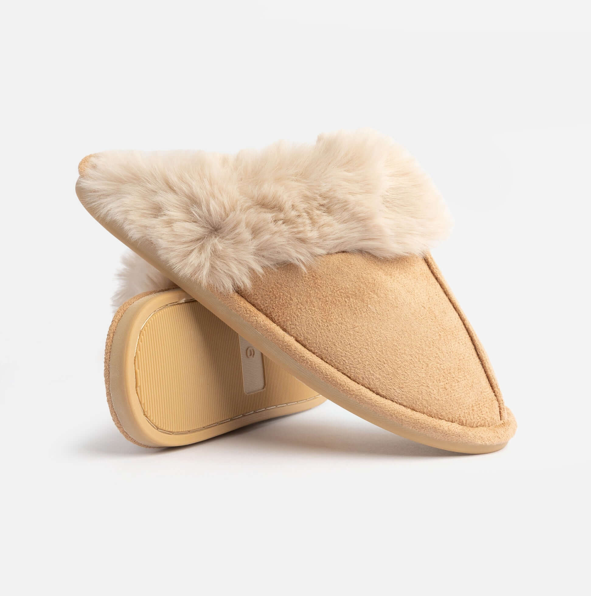 Jo & Joe SCARLETT Womens Faux Fur Mule Slippers Caramel side view showing soft faux fur lining and slip-on design.