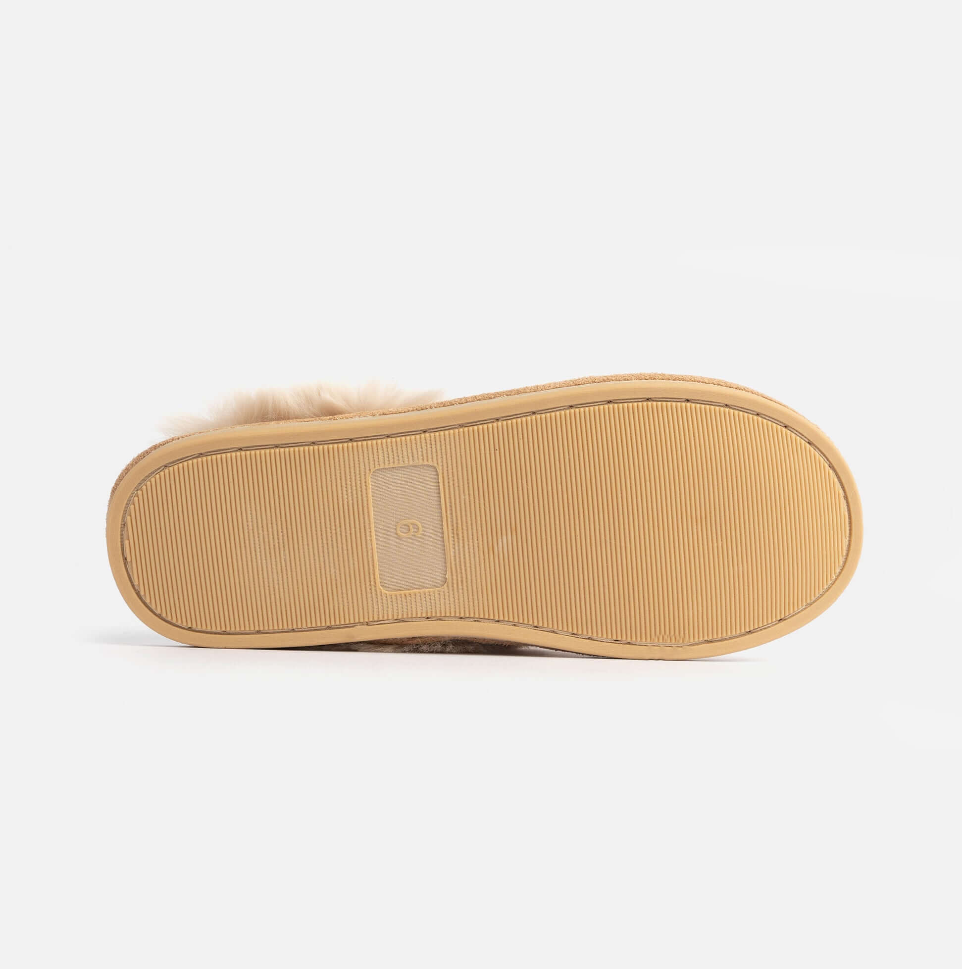 Jo & Joe SCARLETT Womens Faux Fur Mule Slippers Caramel bottom view showing EVA/TPR sole and detailed texture.