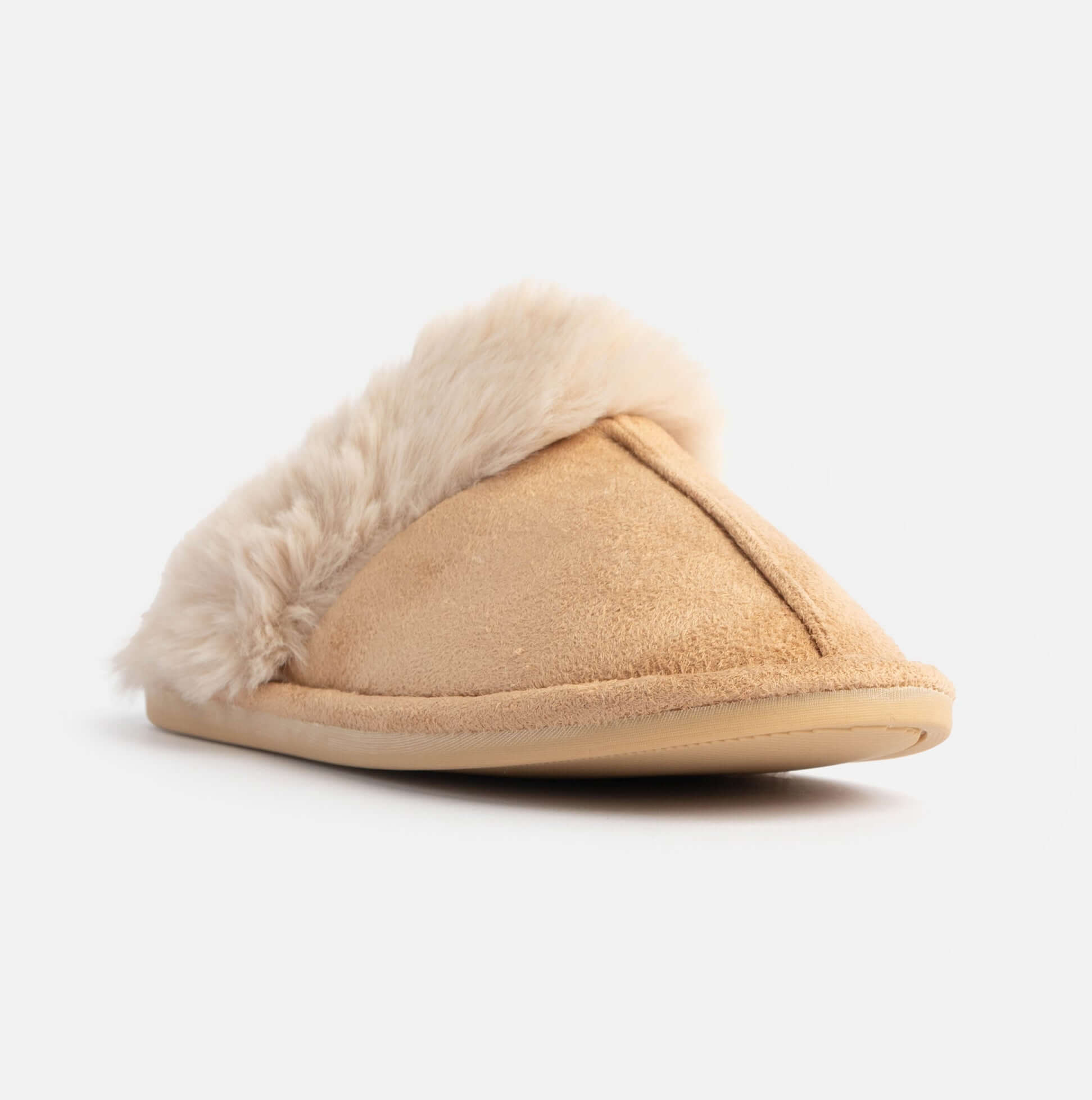 Jo & Joe SCARLETT Womens Faux Fur Mule Slippers Caramel side view showing soft faux fur lining and comfortable design.