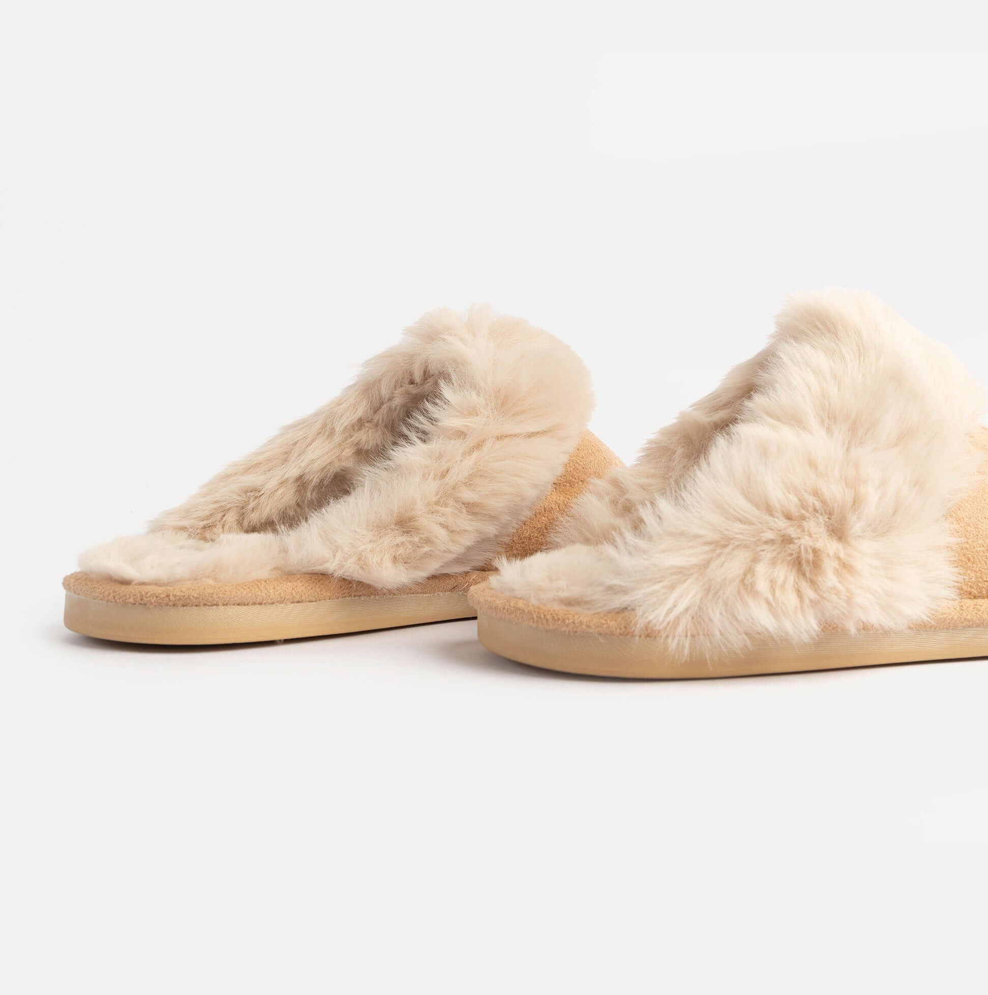 Jo & Joe SCARLETT Womens Faux Fur Mule Slippers Caramel side view showcasing soft faux fur and microfibre upper.
