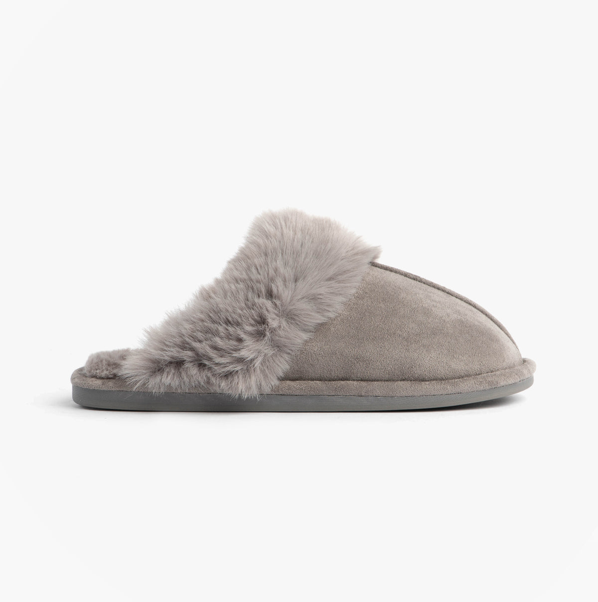 Jo & Joe SCARLETT Womens Mule Slippers Grey side view featuring plush fur lining and soft textile upper.