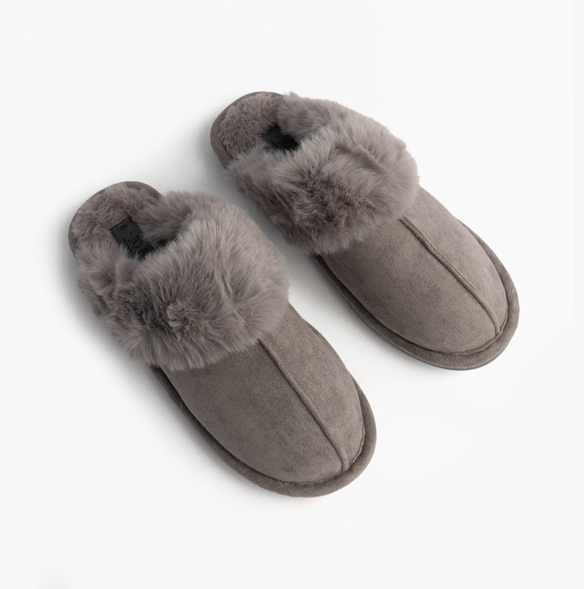 Jo & Joe SCARLETT Womens Mule Slippers Grey top view showing soft textile and fur lining details.