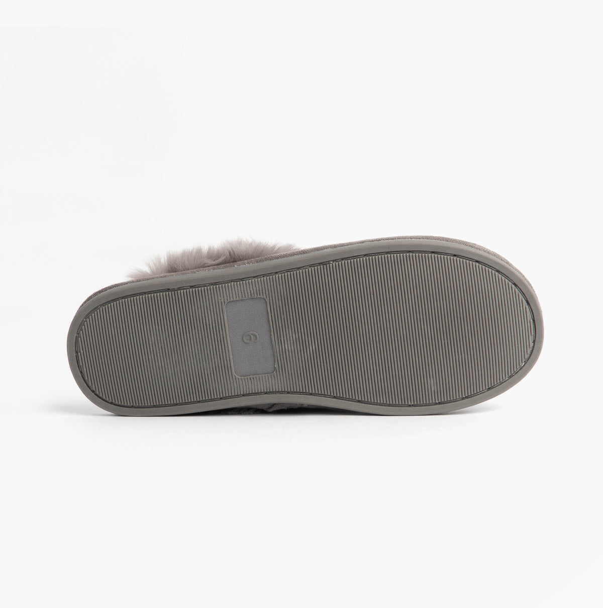 Jo & Joe SCARLETT Womens Mule Slippers Grey bottom view of slippers showcasing rubber sole and texture.