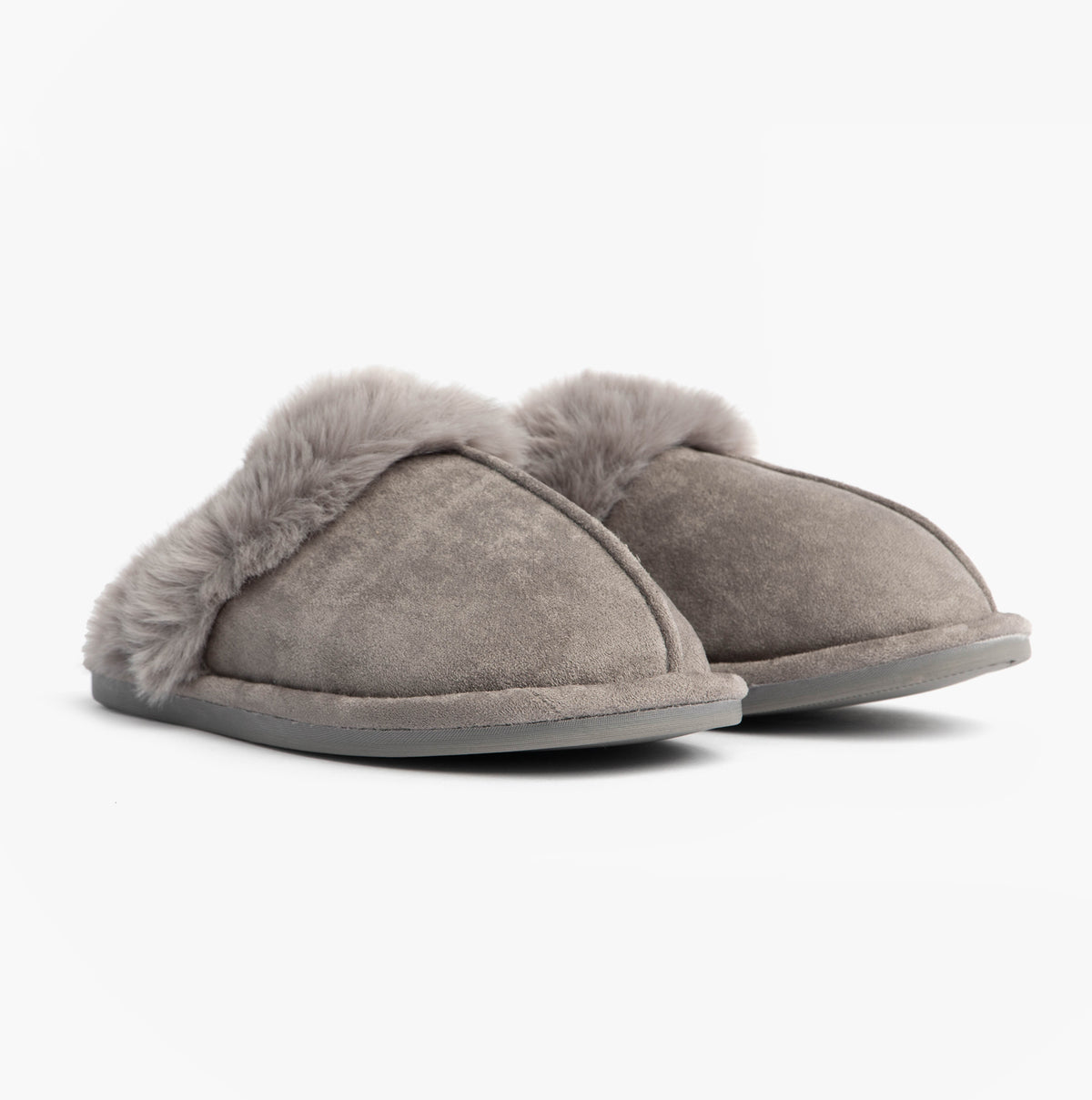 Jo & Joe SCARLETT Womens Mule Slippers Grey side view with soft fur lining and plush textile upper