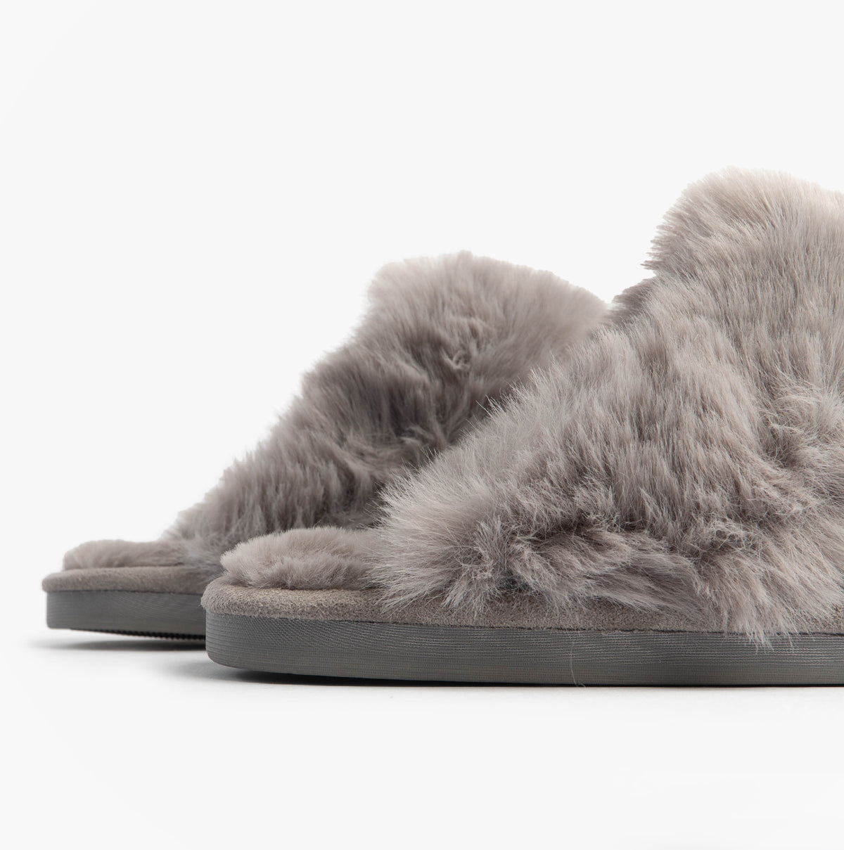 Jo & Joe SCARLETT Womens Mule Slippers Grey side view showcasing soft grey faux fur design and flat rubber sole.