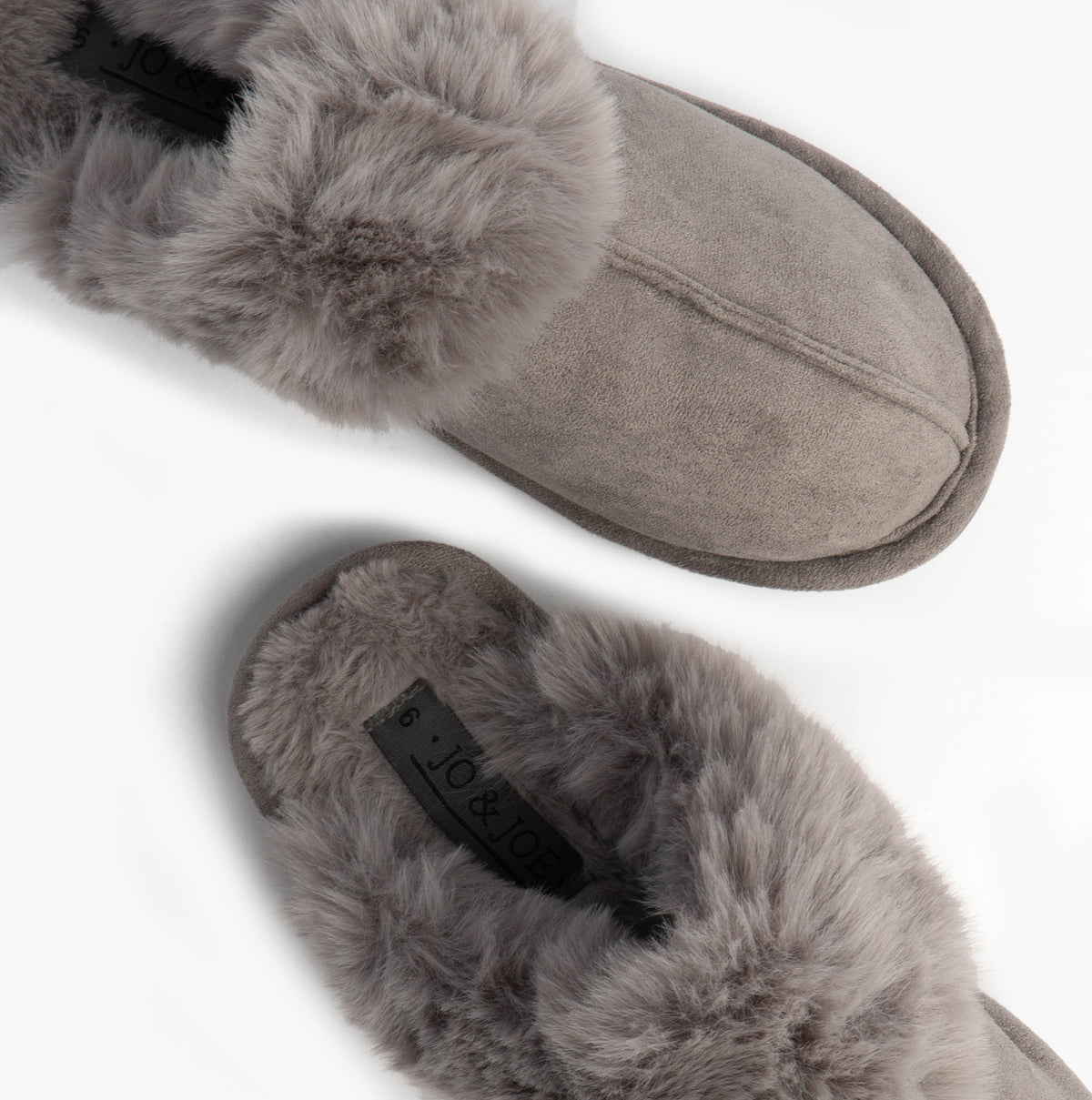 Jo & Joe SCARLETT Womens Mule Slippers Grey top view showcasing soft textile and fur lining comfort features.
