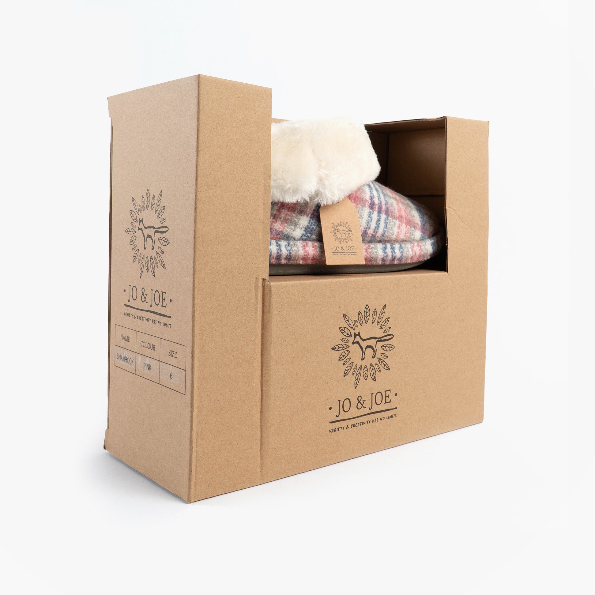 Jo & Joe SHAMROCK Womens Bootie Slippers Pink in gift box, showcasing packaging design and slipper peek.