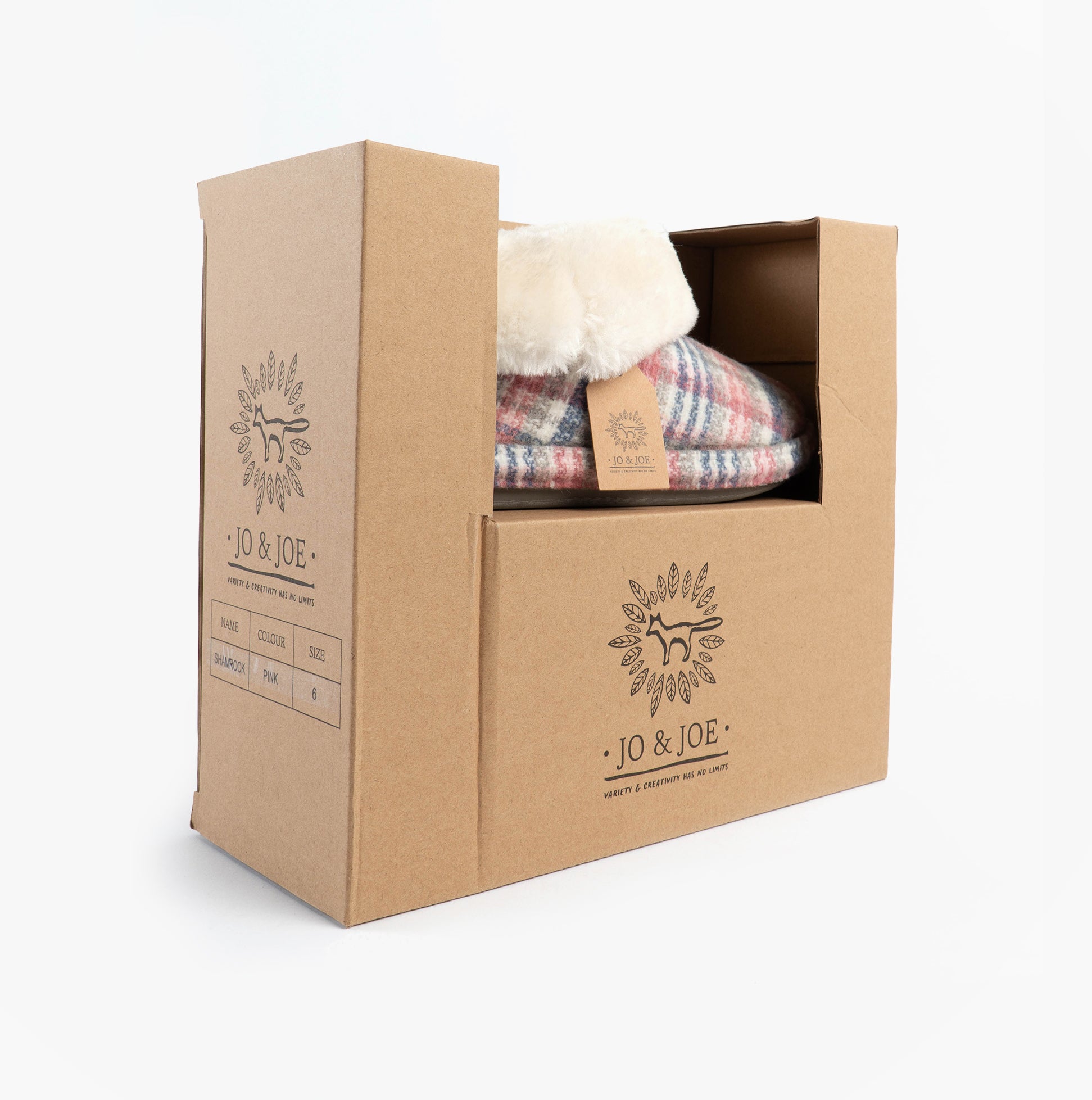 Jo & Joe SHAMROCK Womens Bootie Slippers Pink in gift box, showcasing packaging design and slipper peek.