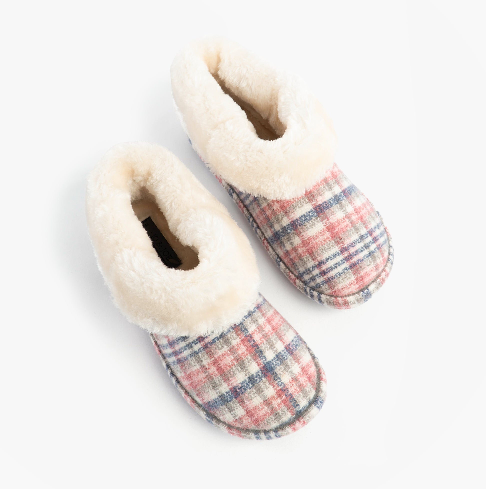 Jo & Joe SHAMROCK Womens Bootie Slippers Pink top view with cozy fluffy lining and plaid design.