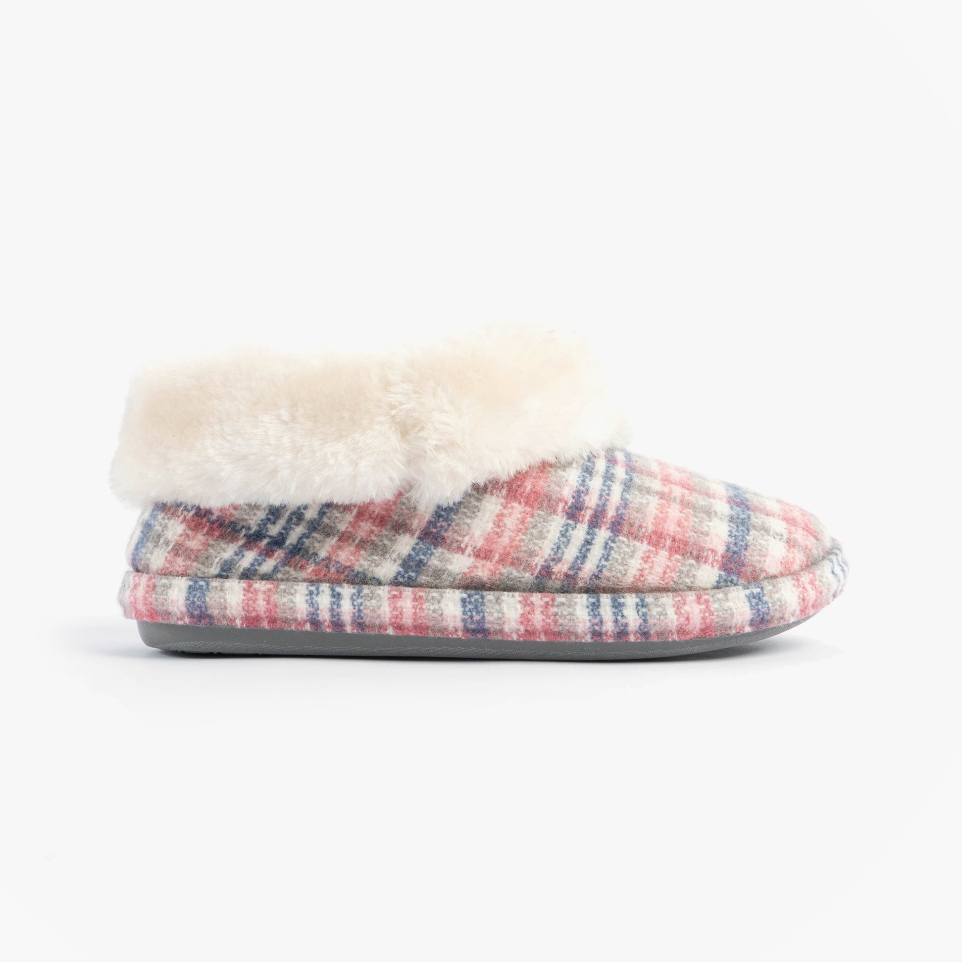 Jo & Joe SHAMROCK Womens Bootie Slippers Pink side view featuring soft plaid textile and cozy lining.
