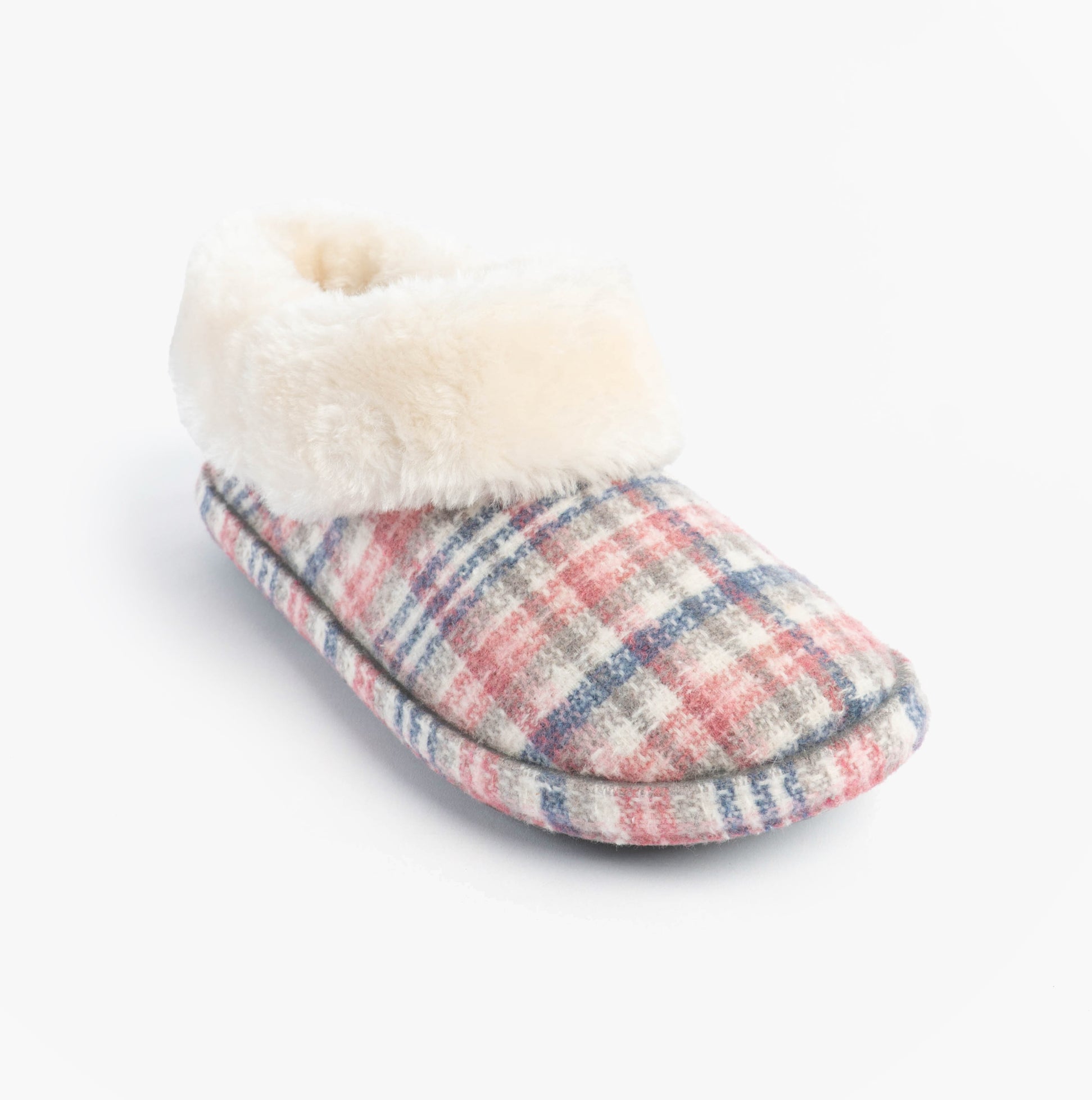 Jo & Joe SHAMROCK Womens Bootie Slippers Pink side view with plush cuff and checked textile upper.