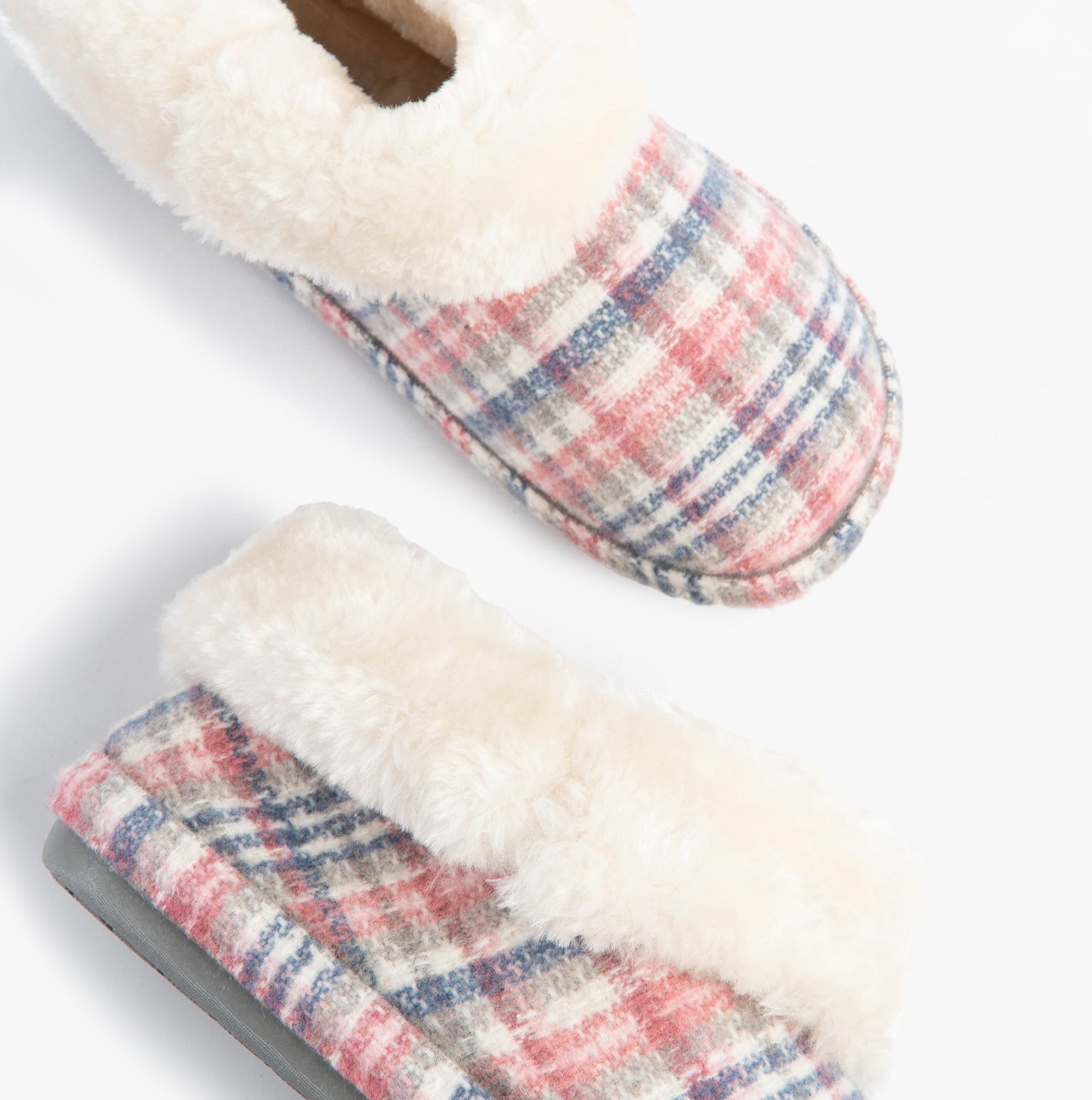 Jo & Joe SHAMROCK Womens Bootie Slippers Pink top view showing plaid design and soft lining details.