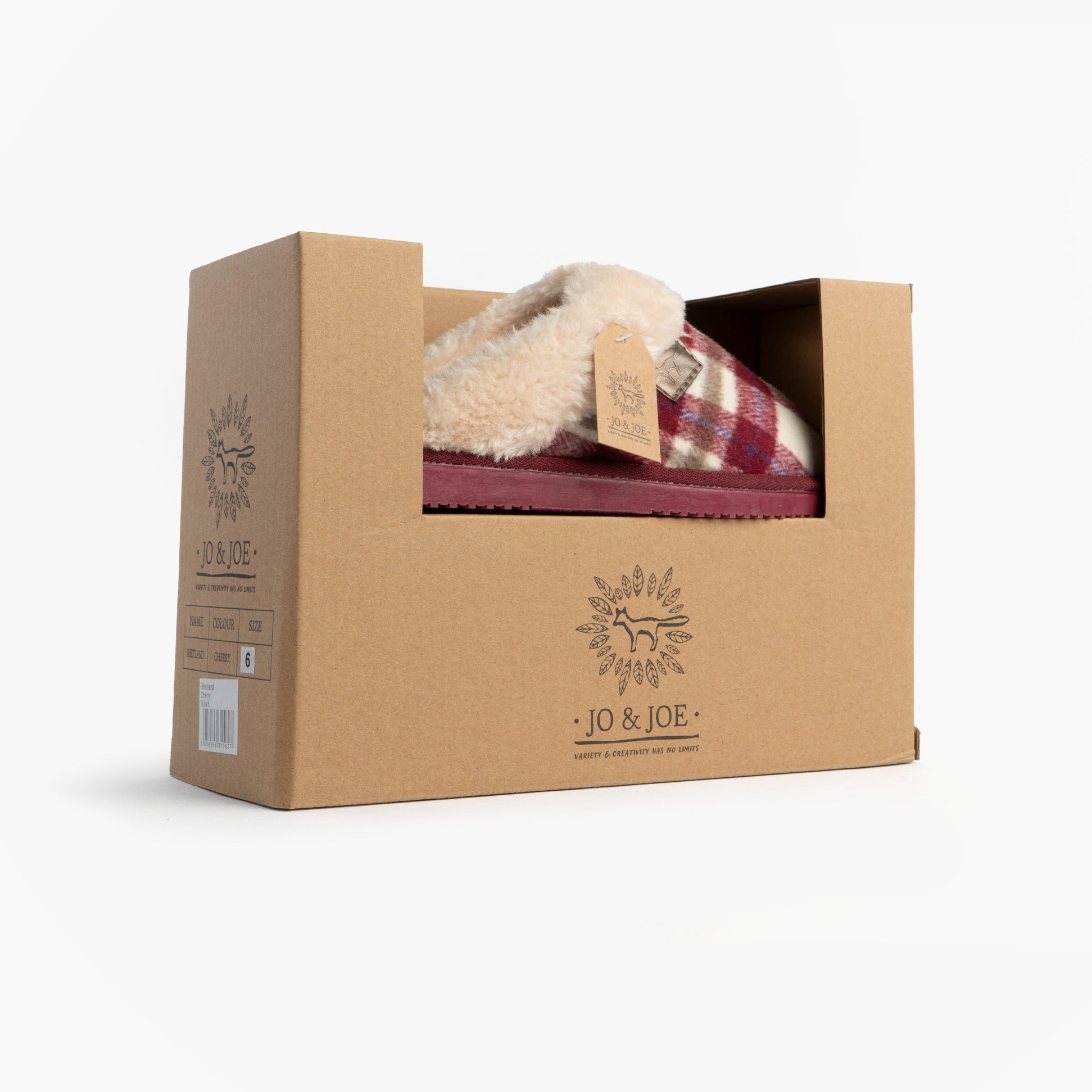 Jo & Joe SHETLAND Womens Mule Slippers Cherry in gift box, side view, showcasing the slipper design and elegant packaging.