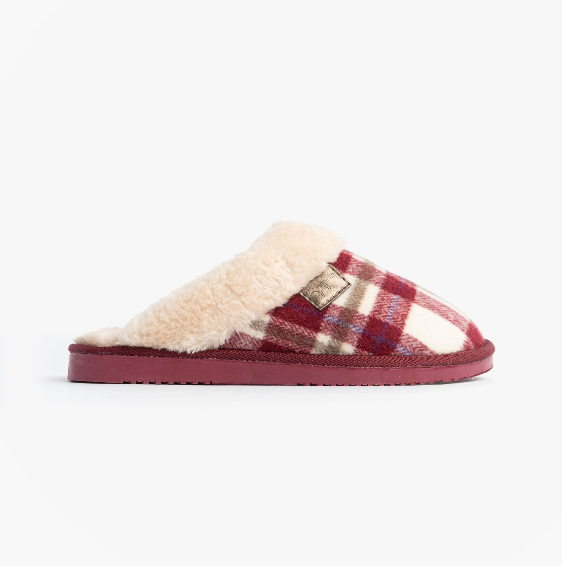Jo & Joe SHETLAND Womens Mule Slippers Cherry side view showing soft plaid textile upper and cozy lining.