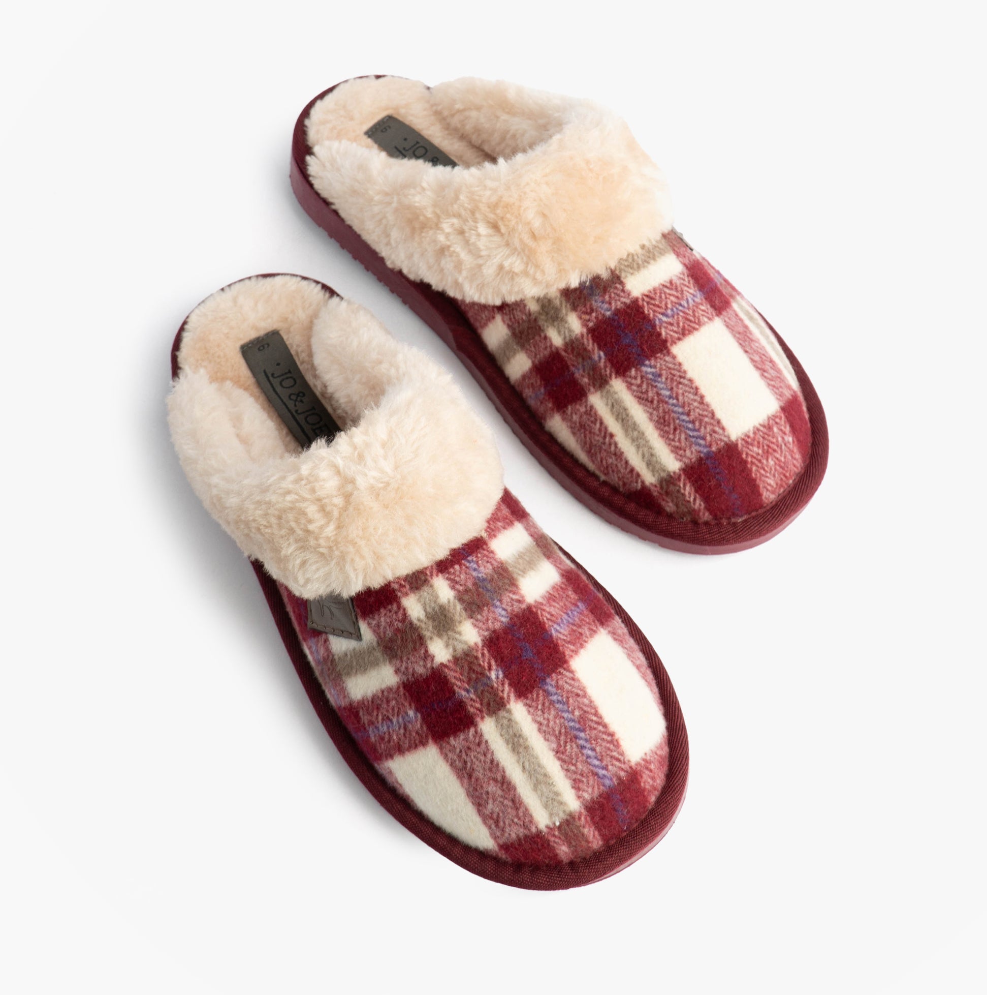 Jo & Joe SHETLAND Womens Mule Slippers Cherry top view showcasing cozy plaid design and soft lining.