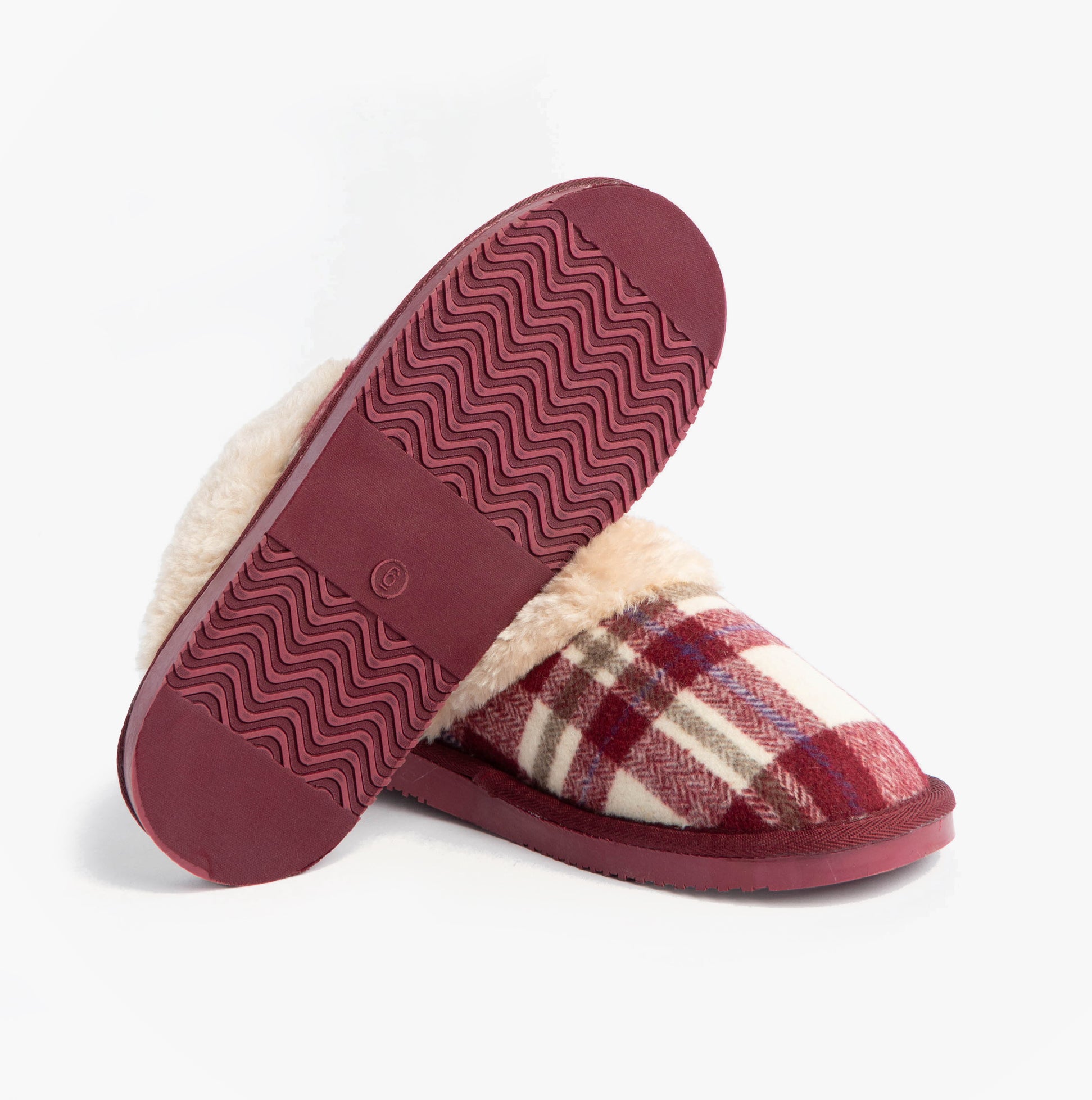 Jo & Joe SHETLAND Womens Mule Slippers Cherry with a textile upper and rubber sole, side view showcasing warm lining.