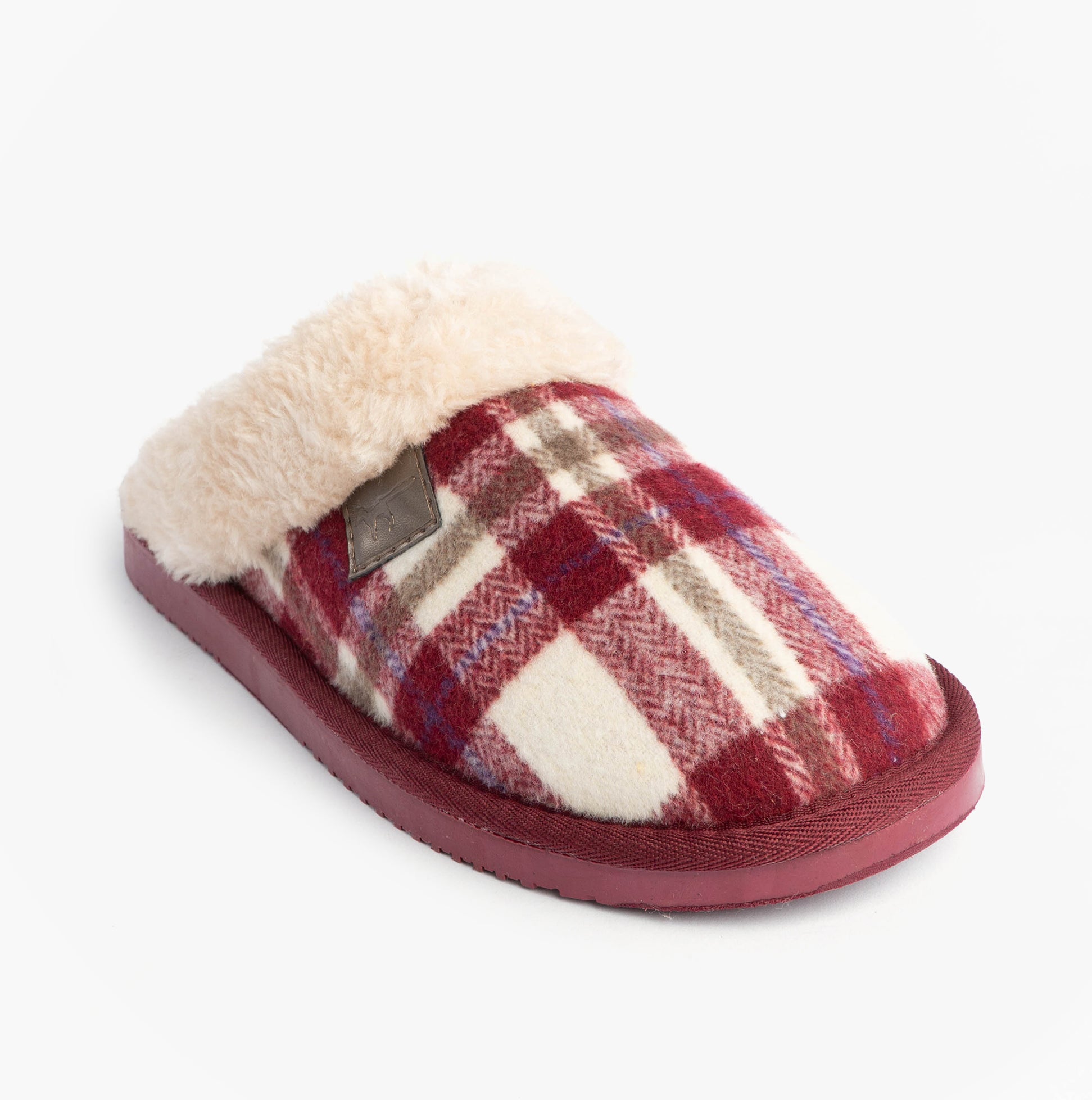 Jo & Joe SHETLAND Womens Mule Slippers Cherry side view with red plaid and soft lining on a white background.