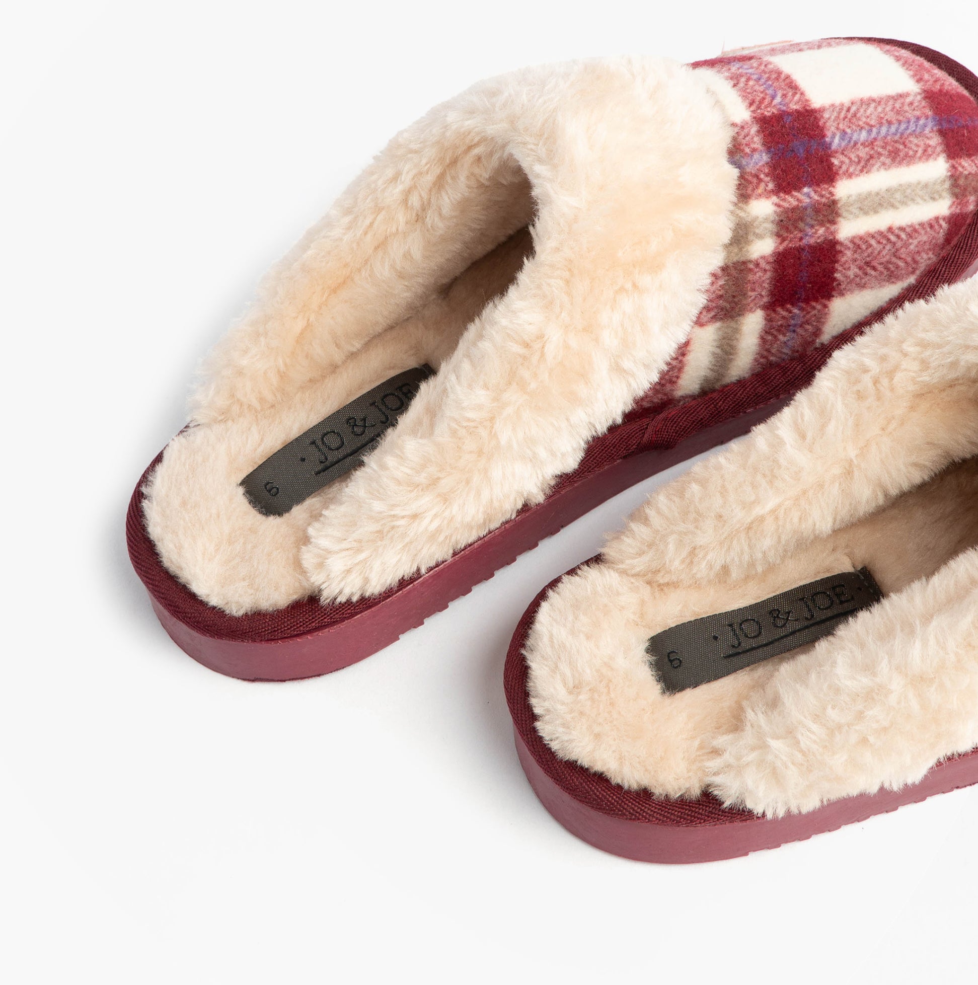 Jo & Joe SHETLAND Womens Mule Slippers Cherry top view showing comfortable textile lining and warm plush interior.