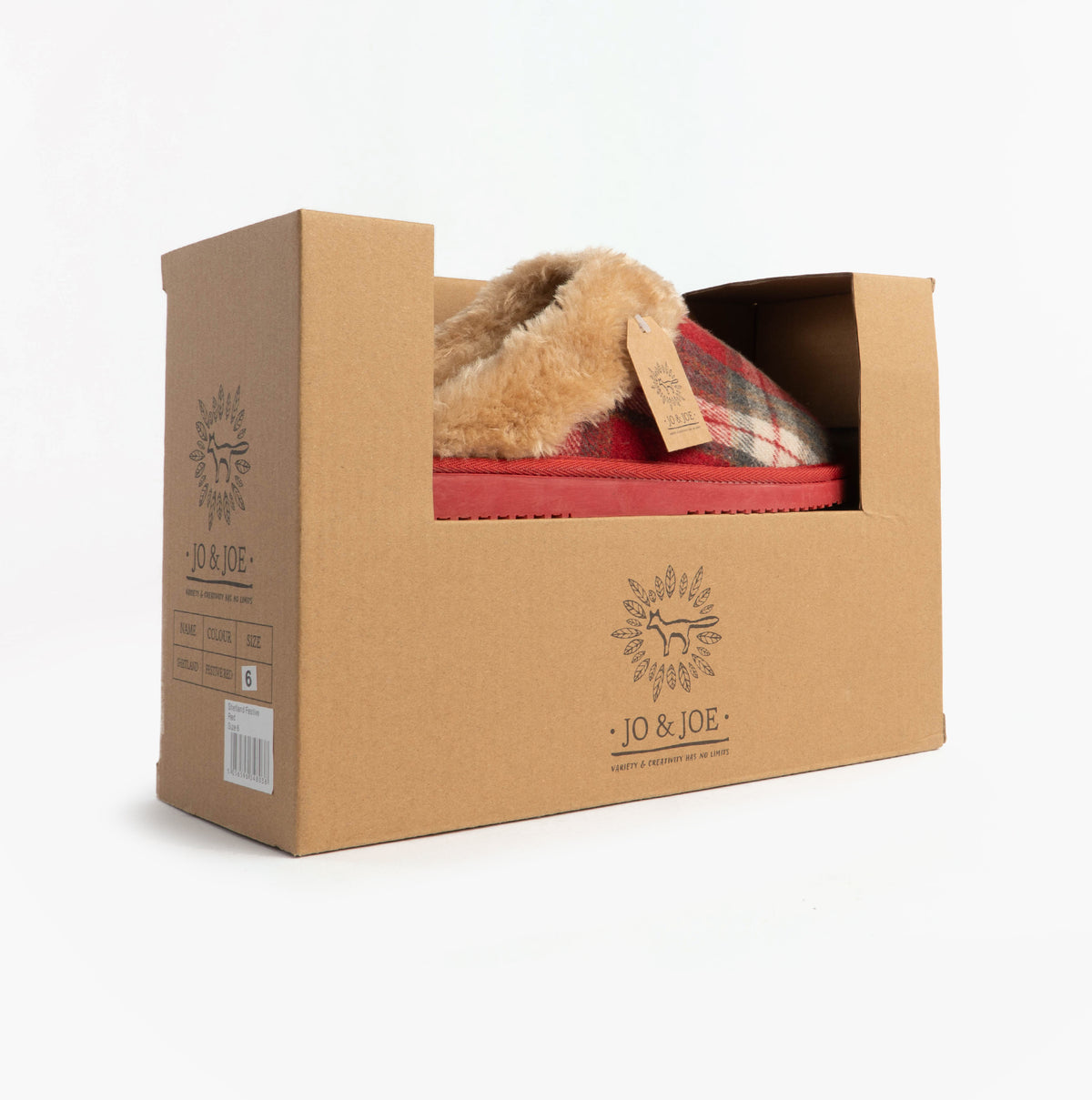 Jo & Joe SHETLAND Womens Mule Slippers Festive Red in gift box side view showcasing texture and color.