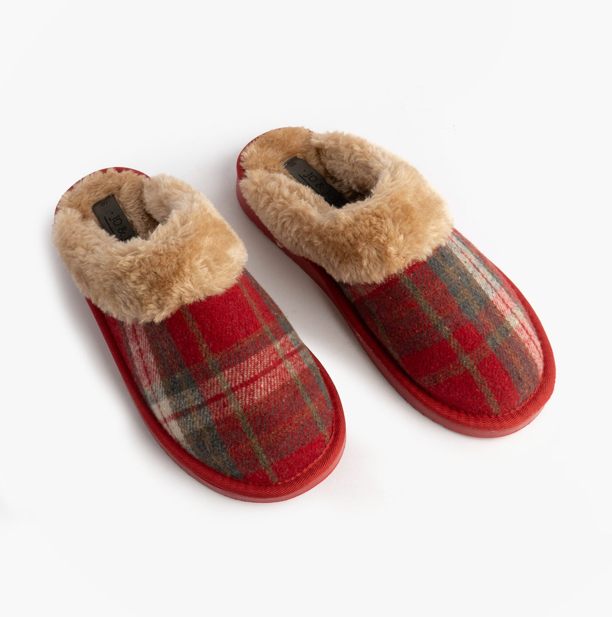 Jo & Joe SHETLAND Womens Mule Slippers Festive Red top view showing plaid design and fluffy collar