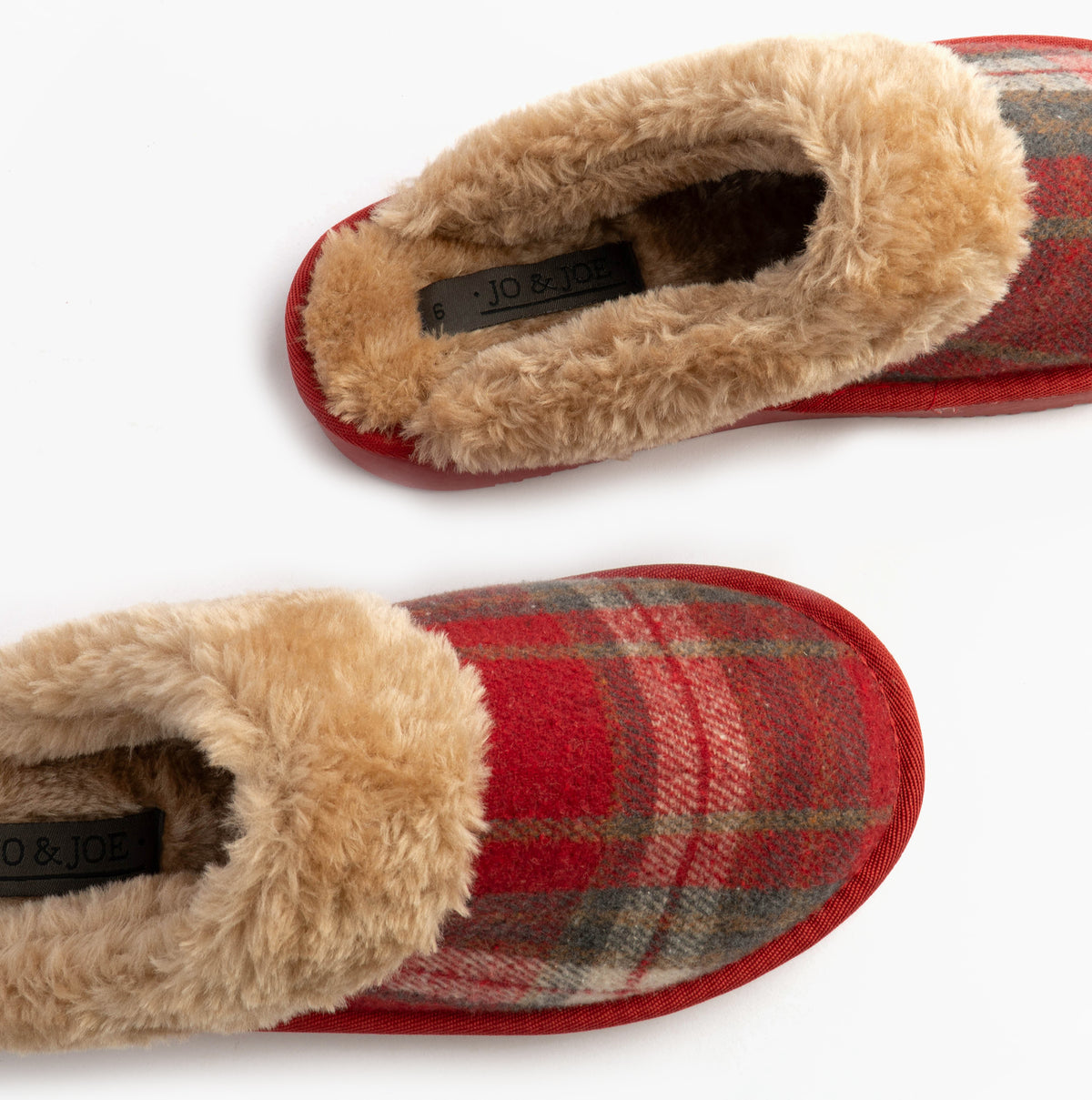 Jo & Joe SHETLAND Womens Mule Slippers Festive Red top view showcasing the plush lining and stylish plaid design.