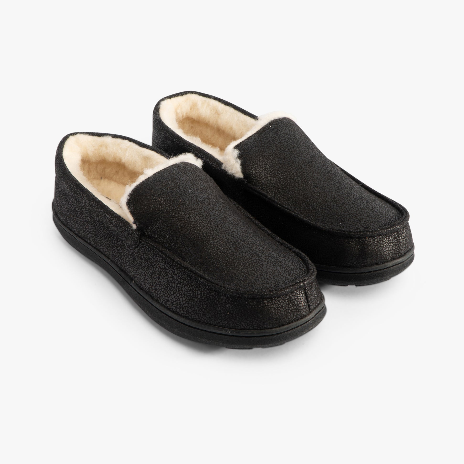 Jo & Joe SPENCER Mens Slippers Black side view showcasing black textile upper and faux fur lining for comfort.