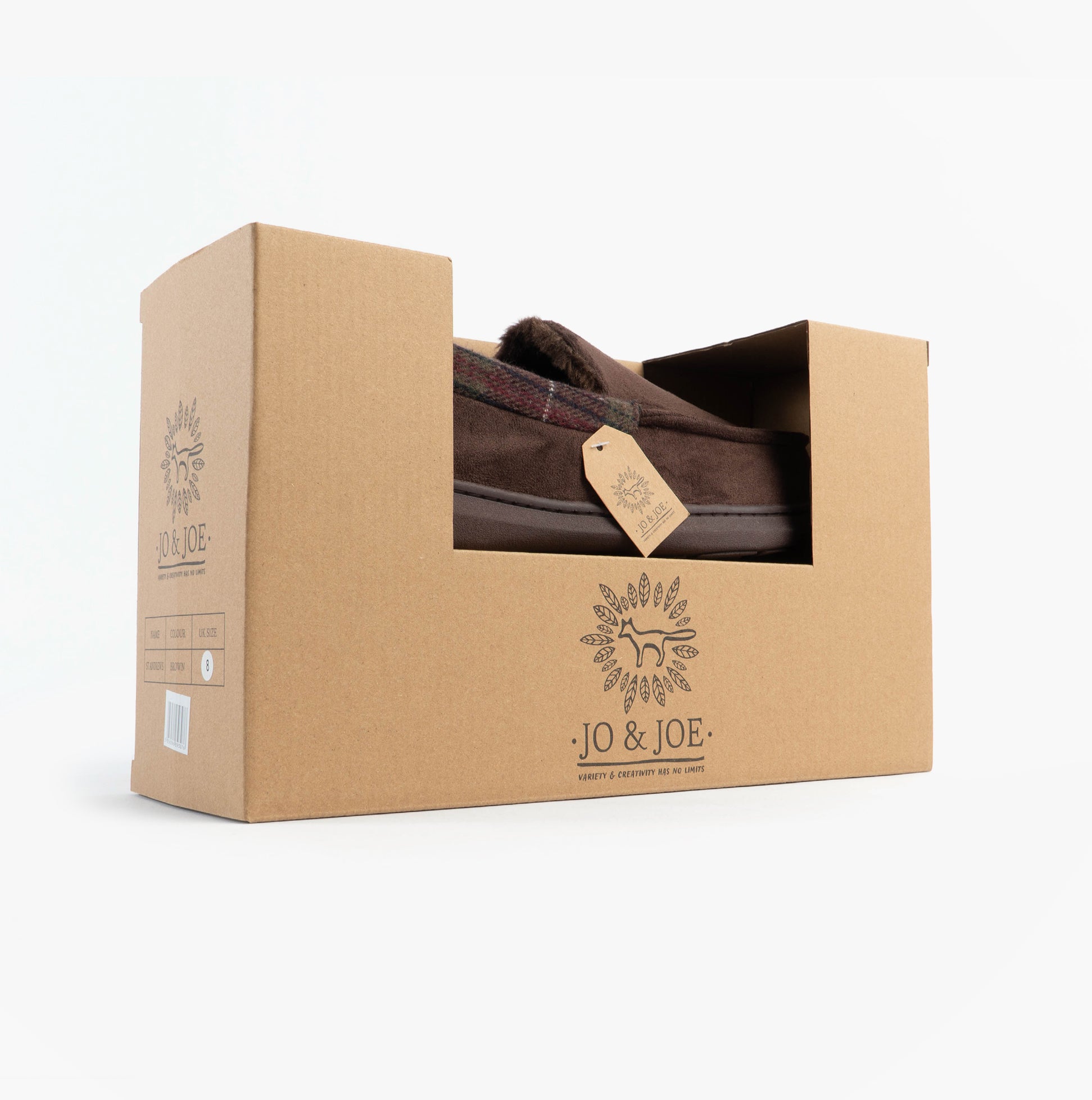 Jo & Joe ST ANDREWS Mens Moccasin Slippers Brown in gift box side view with tag.