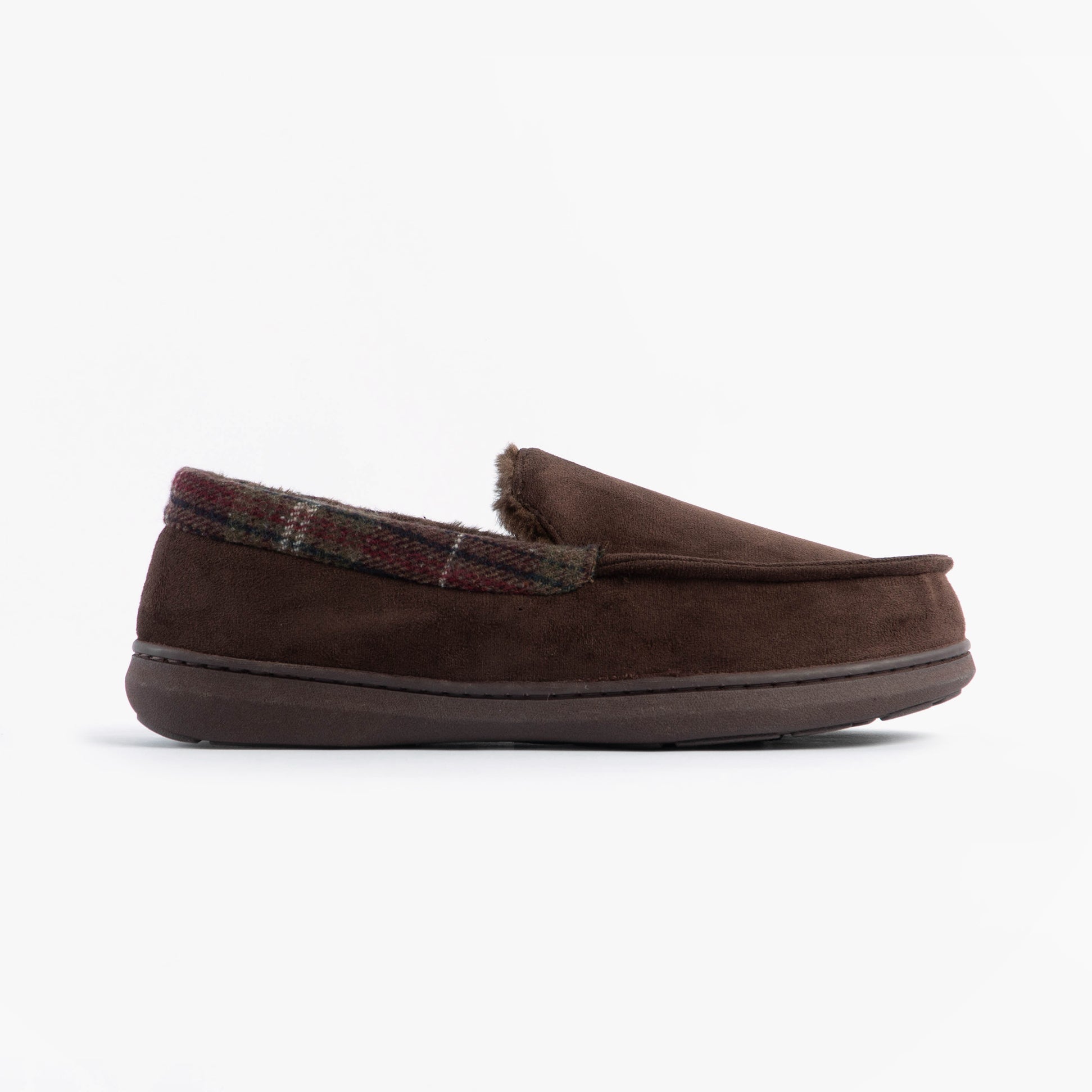 Jo & Joe ST ANDREWS Mens Moccasin Slippers Brown side view showing textile upper and slip-on design.