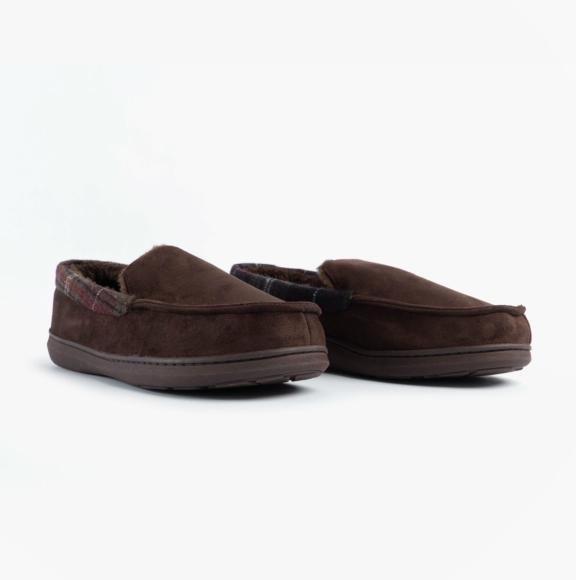 Jo & Joe ST ANDREWS Mens Moccasin Slippers Brown side view showcasing the soft textile upper and slip-on design.