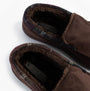 Jo & Joe ST ANDREWS Mens Moccasin Slippers Brown top view showing soft lining and textile upper detail.