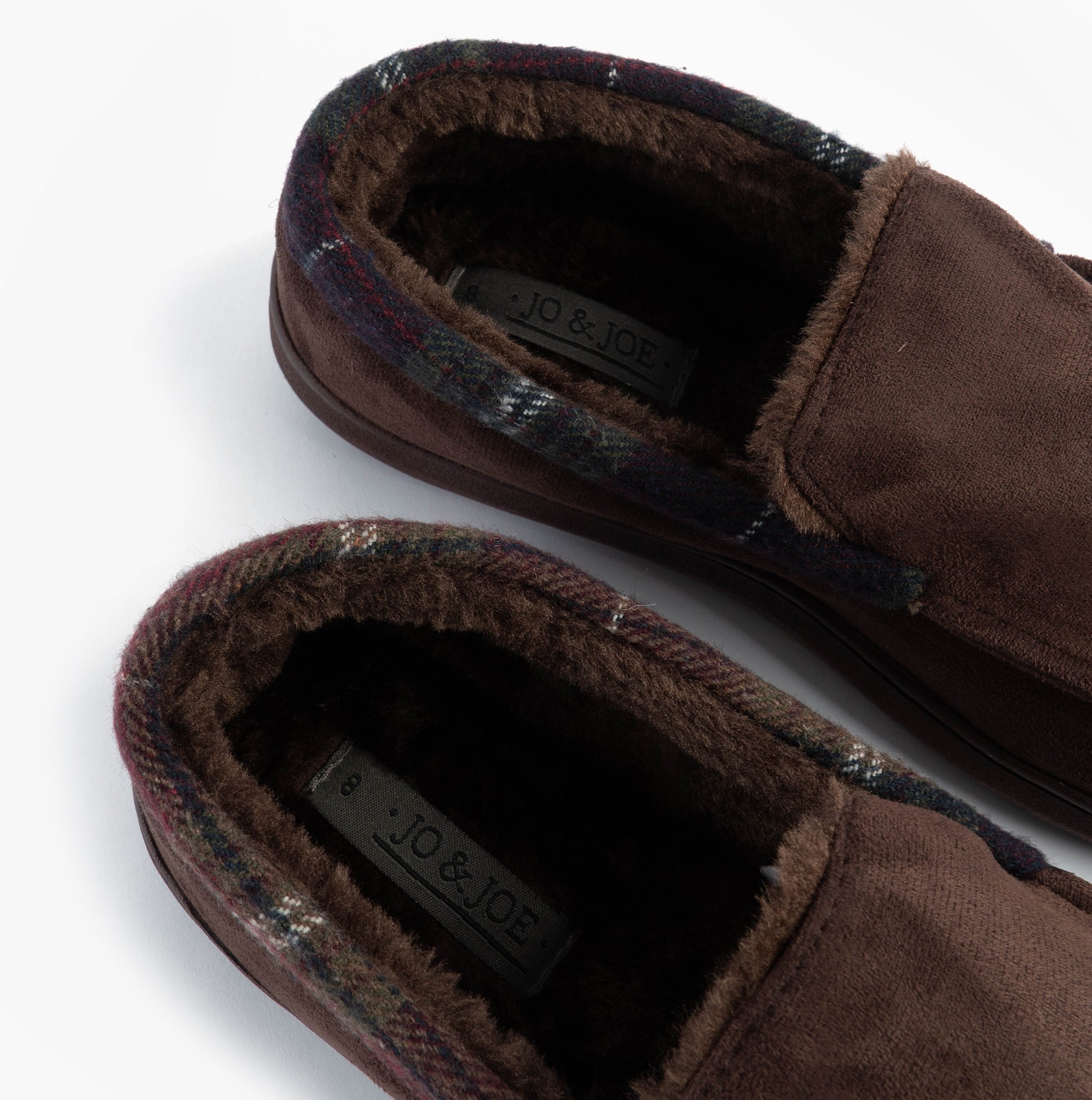 Jo & Joe ST ANDREWS Mens Moccasin Slippers Brown top view showing soft lining and textile upper detail.
