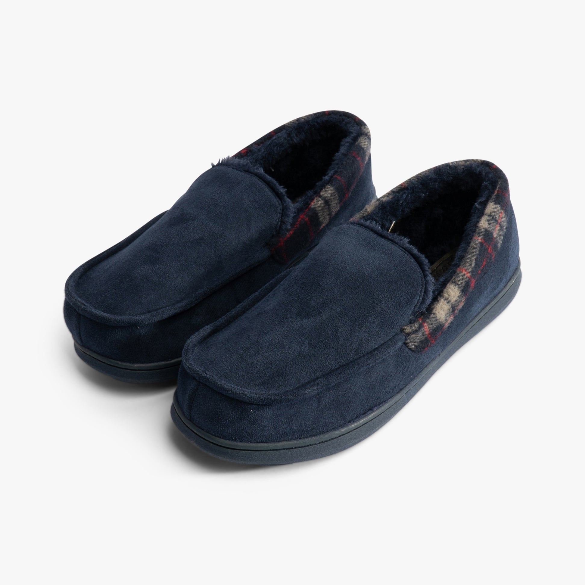 Jo & Joe ST ANDREWS Mens Slippers Navy side view showcasing plush faux fur lining and relaxed slip-on design.