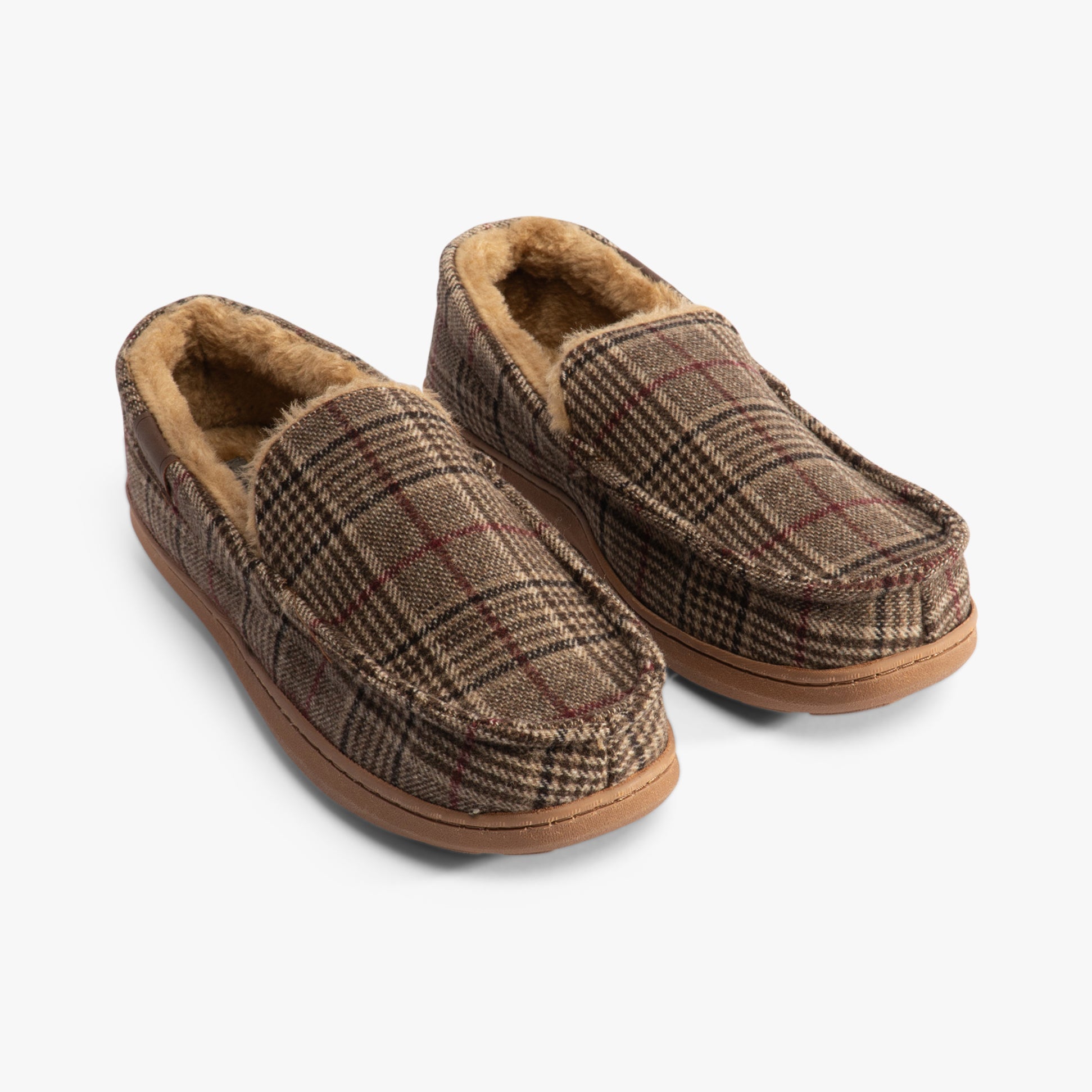 Jo & Joe TAUNTON Mens Slippers Brown side view showcasing plaid design and faux fur lining.