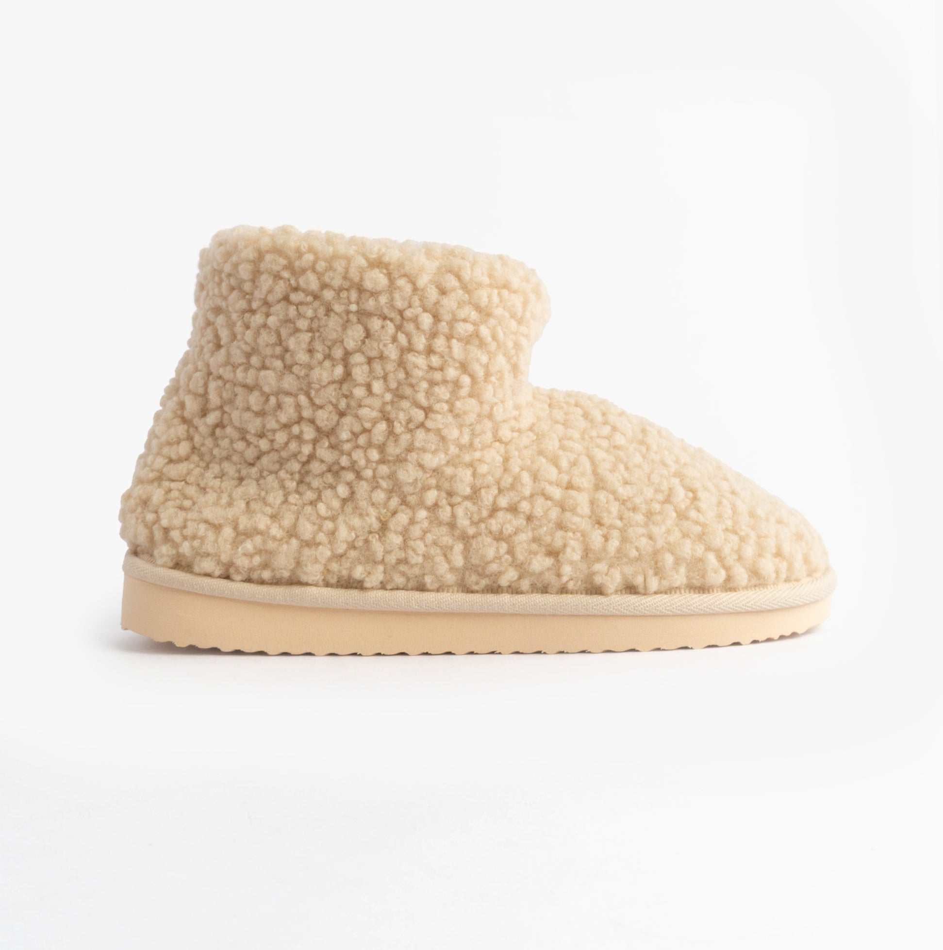 Jo & Joe TEDDY Womens Bootie Slippers Beige side view featuring soft textile upper and synthetic sole.