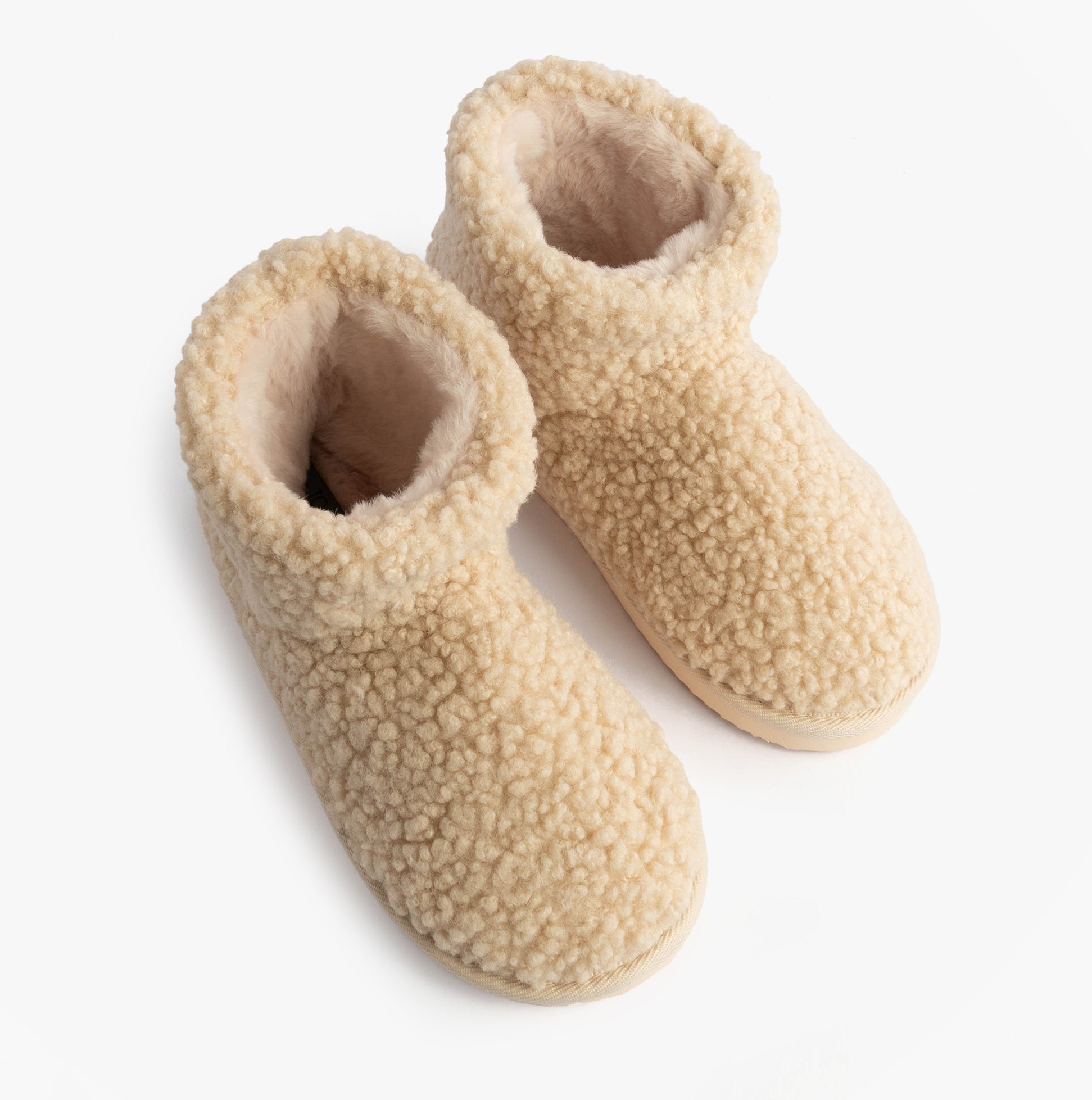 Jo & Joe TEDDY Womens Bootie Slippers Beige top view showing cozy textured upper and warm lining.