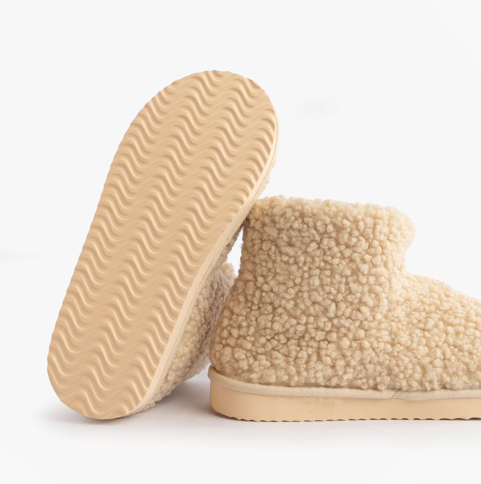 Jo & Joe TEDDY Womens Bootie Slippers Beige side view showing the textured upper and flat synthetic sole.