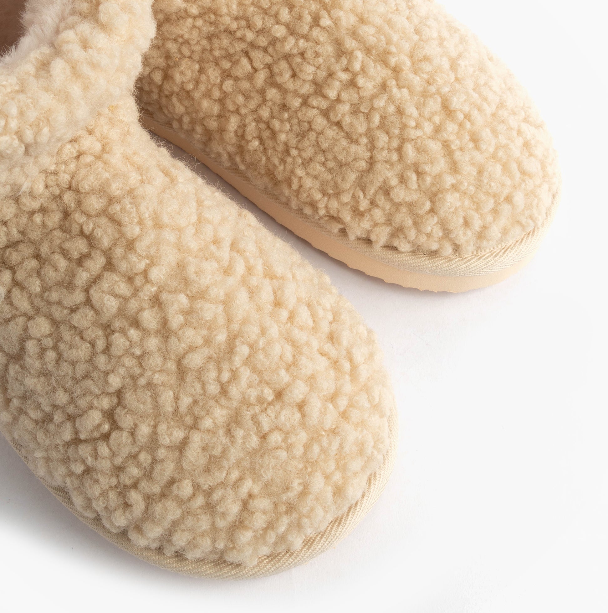 Jo & Joe TEDDY Womens Bootie Slippers Beige top detail view showing soft textile upper and warm lining.