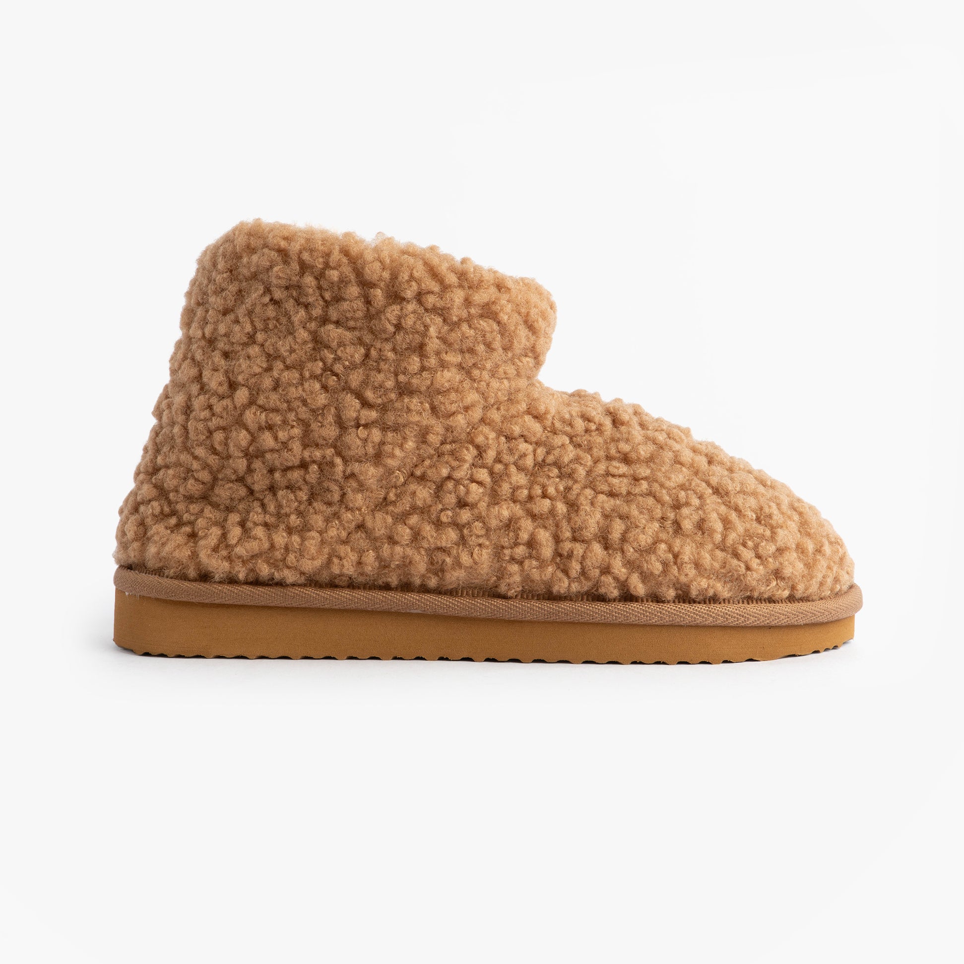 Jo & Joe TEDDY Womens Bootie Slippers Tan side view of cozy textile slipper boots.