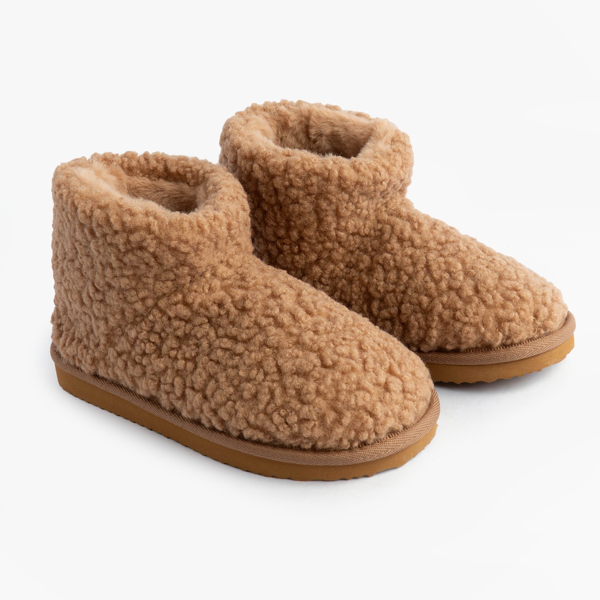 Jo & Joe TEDDY Womens Bootie Slippers Tan side view showing textured upper and round toe design.