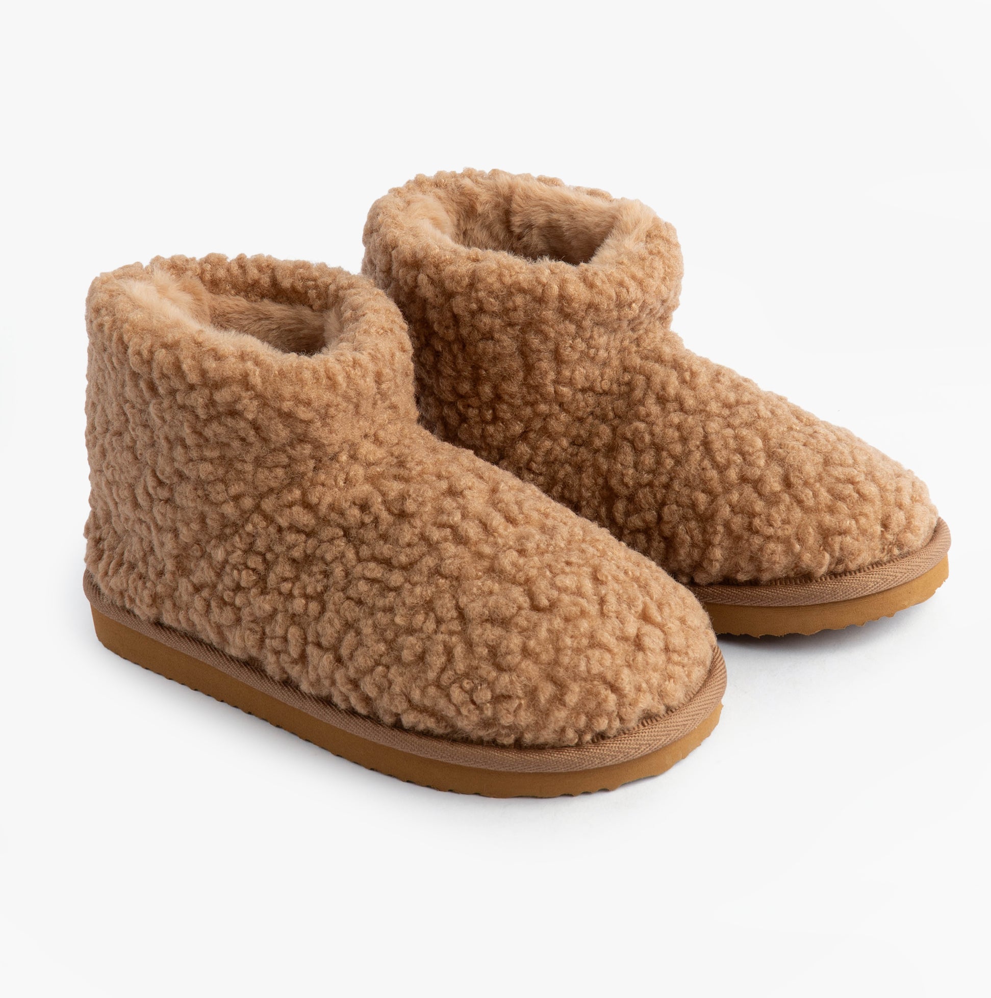 Jo & Joe TEDDY Womens Bootie Slippers Tan side view showing textured upper and round toe design.
