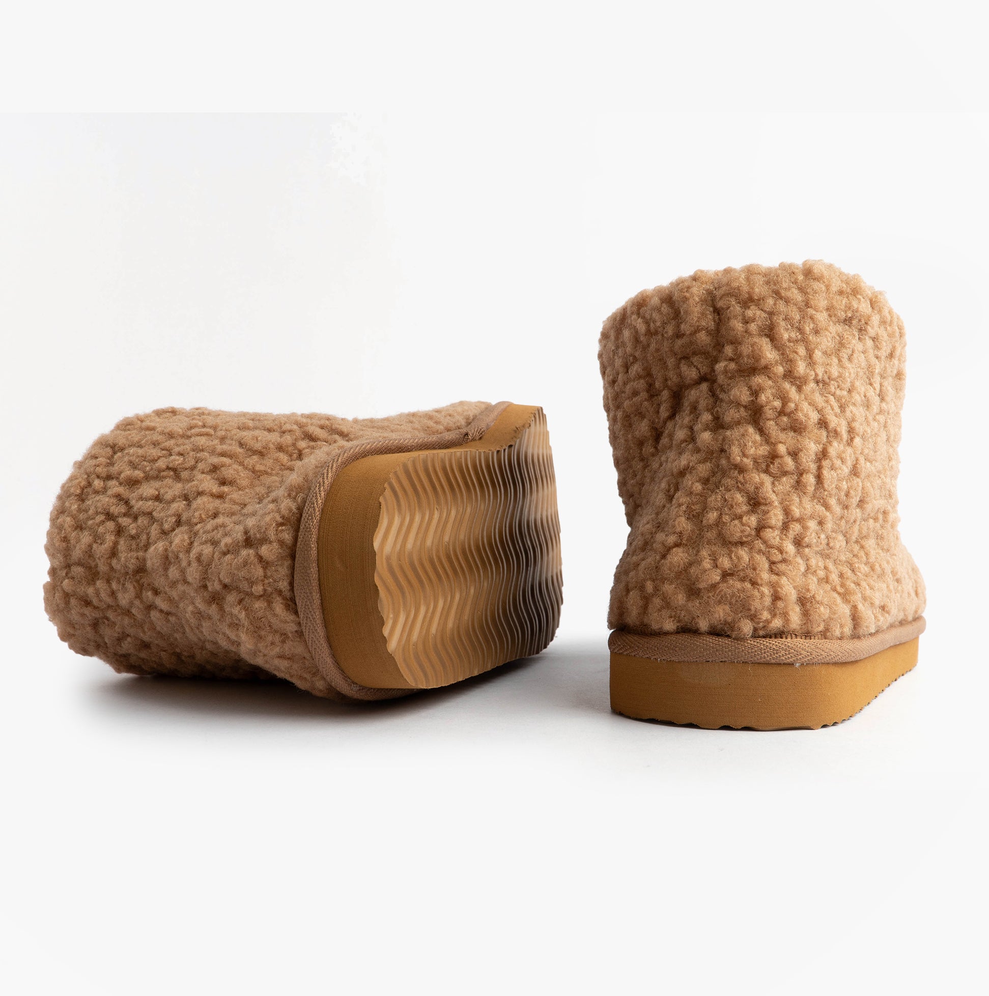Jo & Joe TEDDY Womens Bootie Slippers Tan rear view with texture details and flat sole.