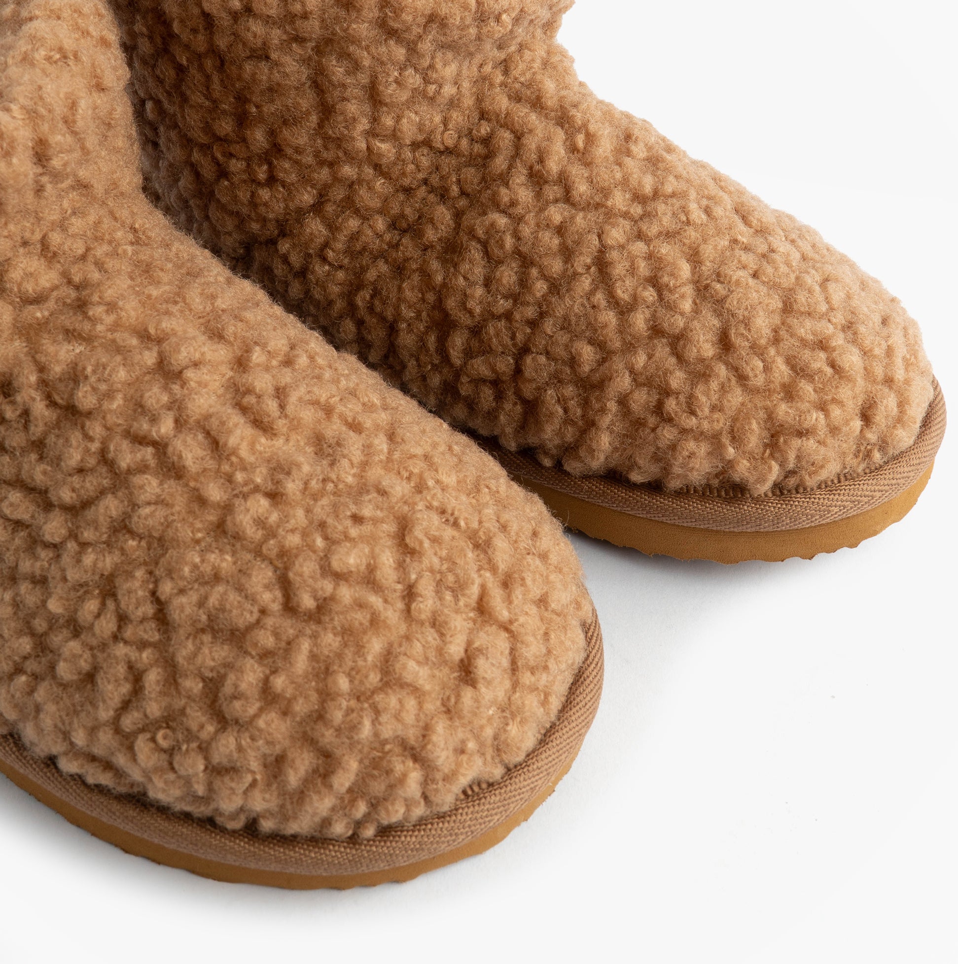 Jo & Joe TEDDY Womens Bootie Slippers Tan detail view of the soft textile upper and round toe design.