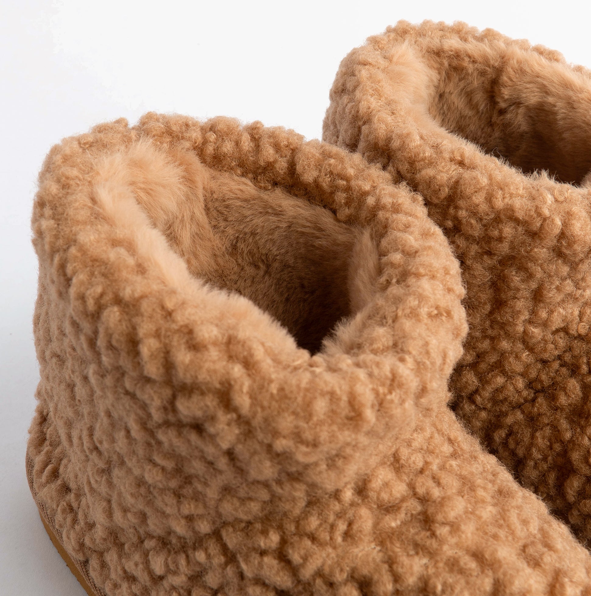 Jo & Joe TEDDY Womens Bootie Slippers Tan close-up view showing soft textile material and round toe design.