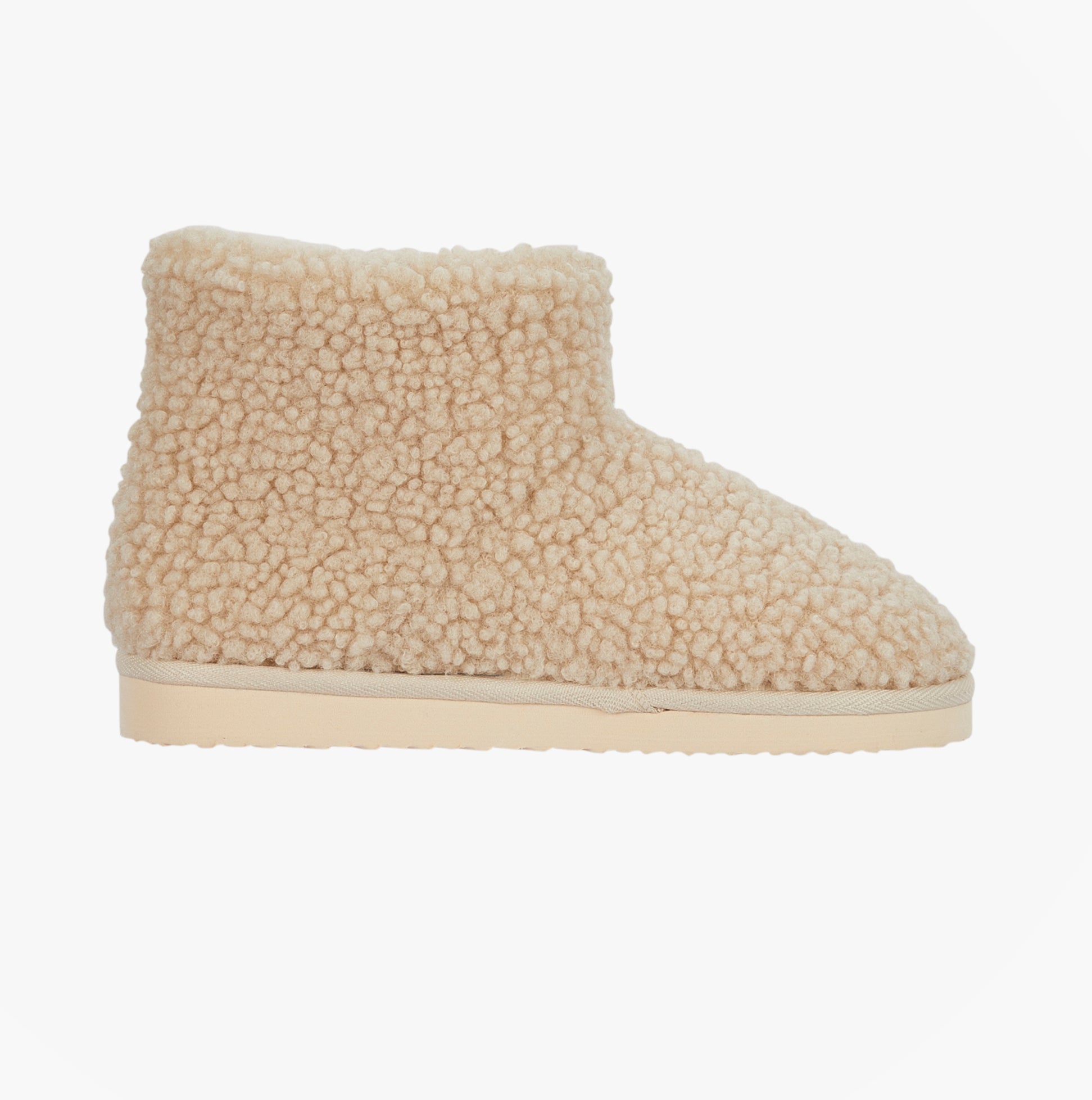 Jo & Joe TEDDY Womens Bootie Slippers Beige side view showing soft textile upper and flat synthetic sole.